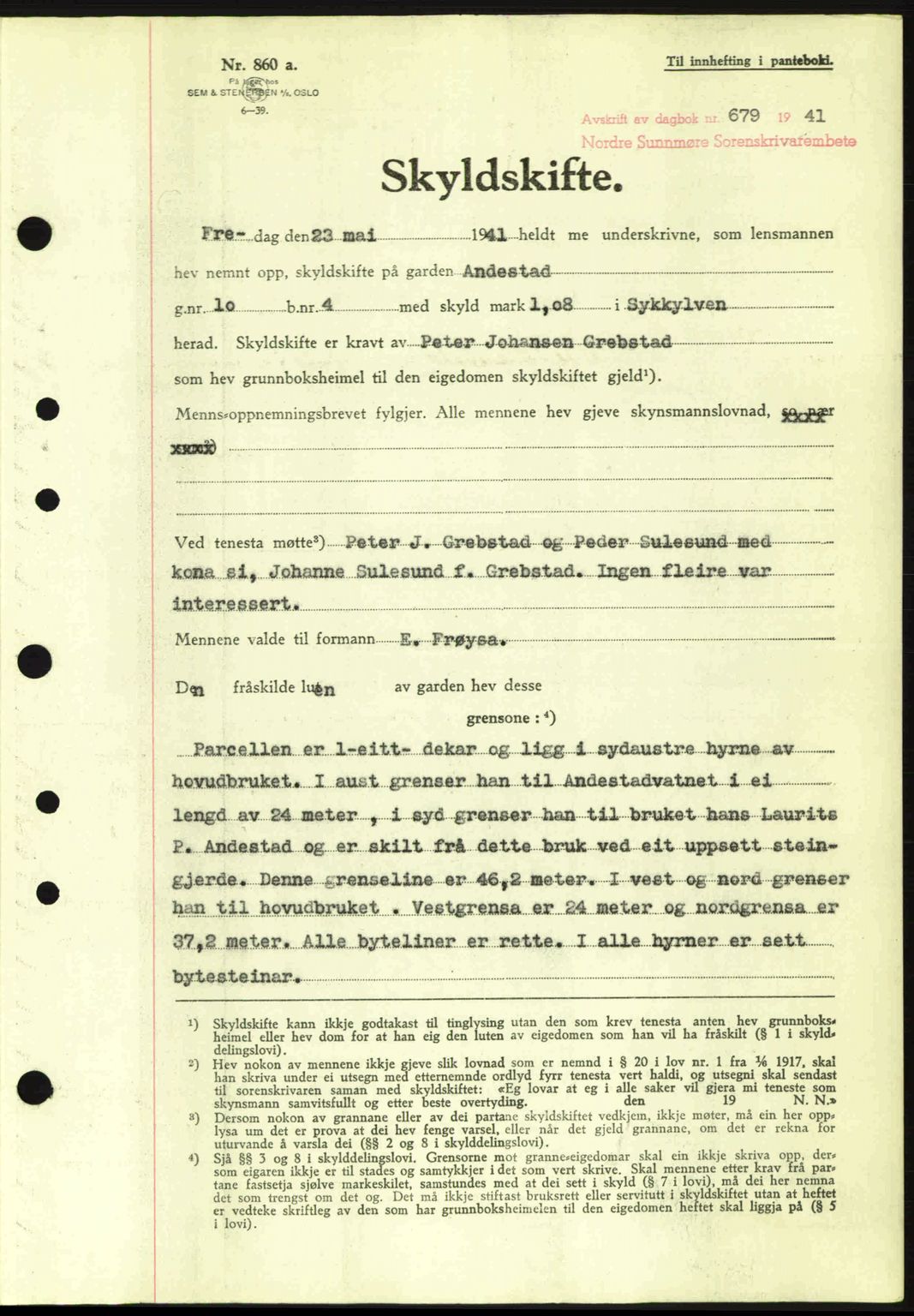 Nordre Sunnmøre sorenskriveri, AV/SAT-A-0006/1/2/2C/2Ca: Mortgage book no. A10, 1940-1941, Diary no: : 679/1941