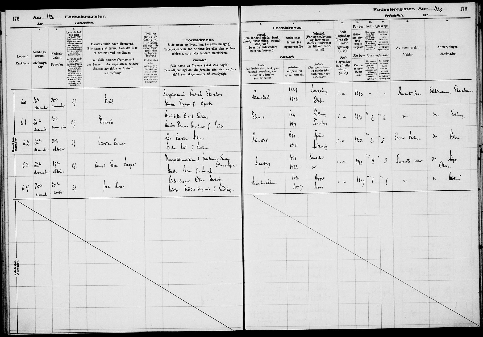 Nøtterøy kirkebøker, AV/SAKO-A-354/J/Ja/L0001: Birth register no. 1, 1916-1928, p. 176