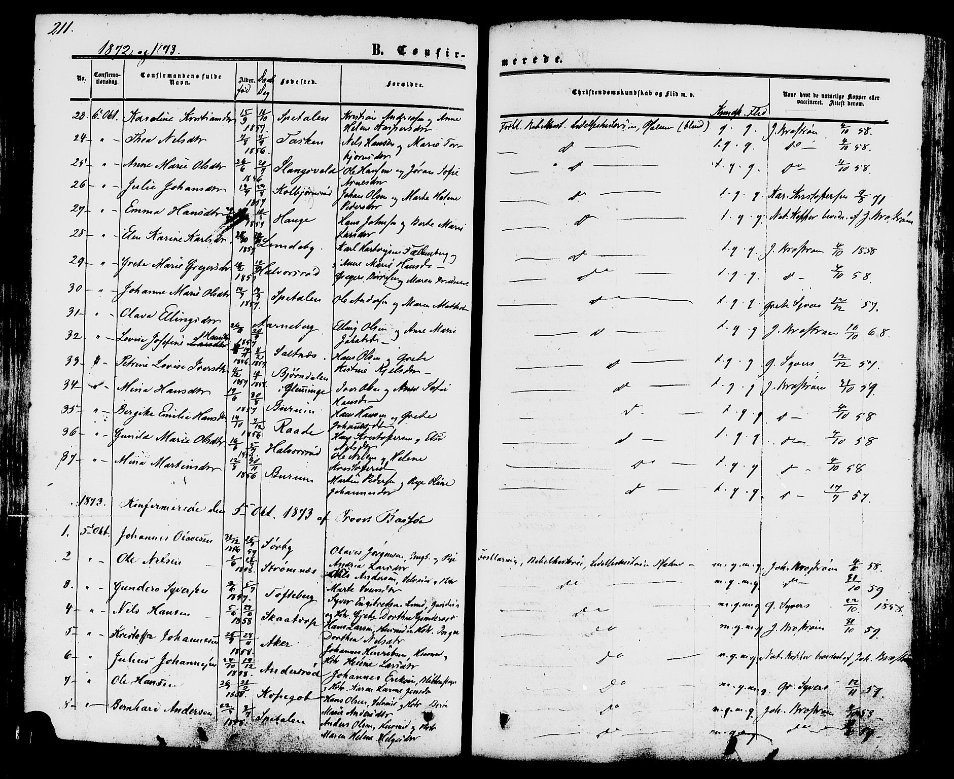 Råde prestekontor kirkebøker, AV/SAO-A-2009/F/Fa/L0006: Parish register (official) no. 6, 1854-1877, p. 211