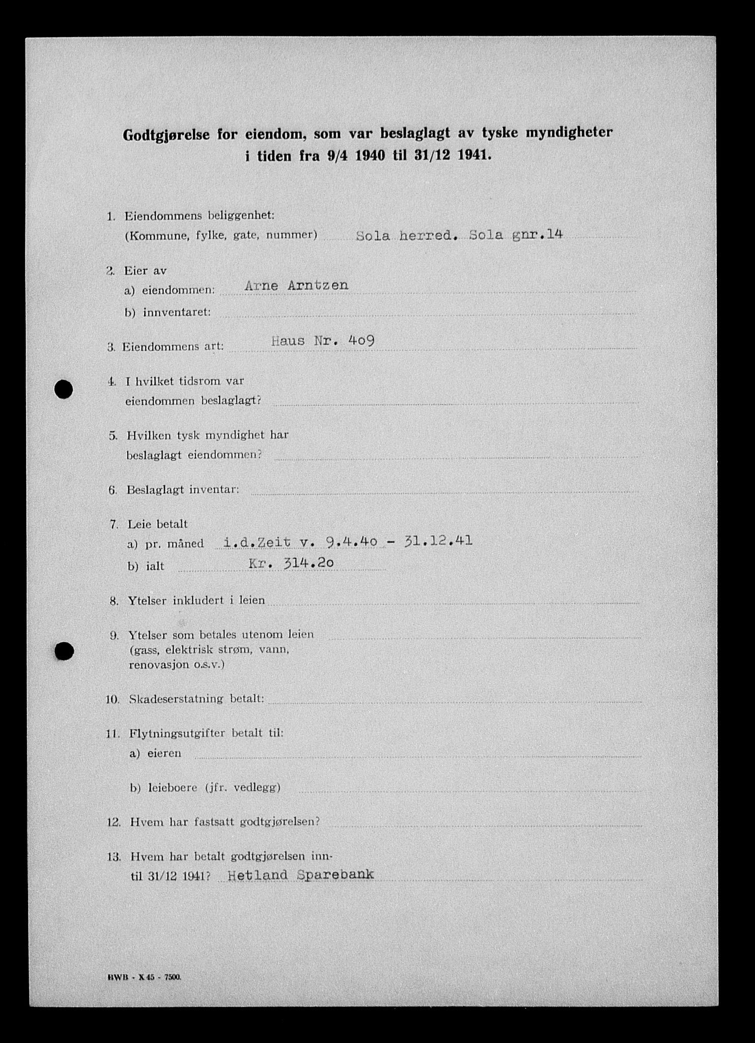 Justisdepartementet, Tilbakeføringskontoret for inndratte formuer, AV/RA-S-1564/I/L1014: Godtgjørelse for beslaglagt eiendom, 1940-1941, p. 170
