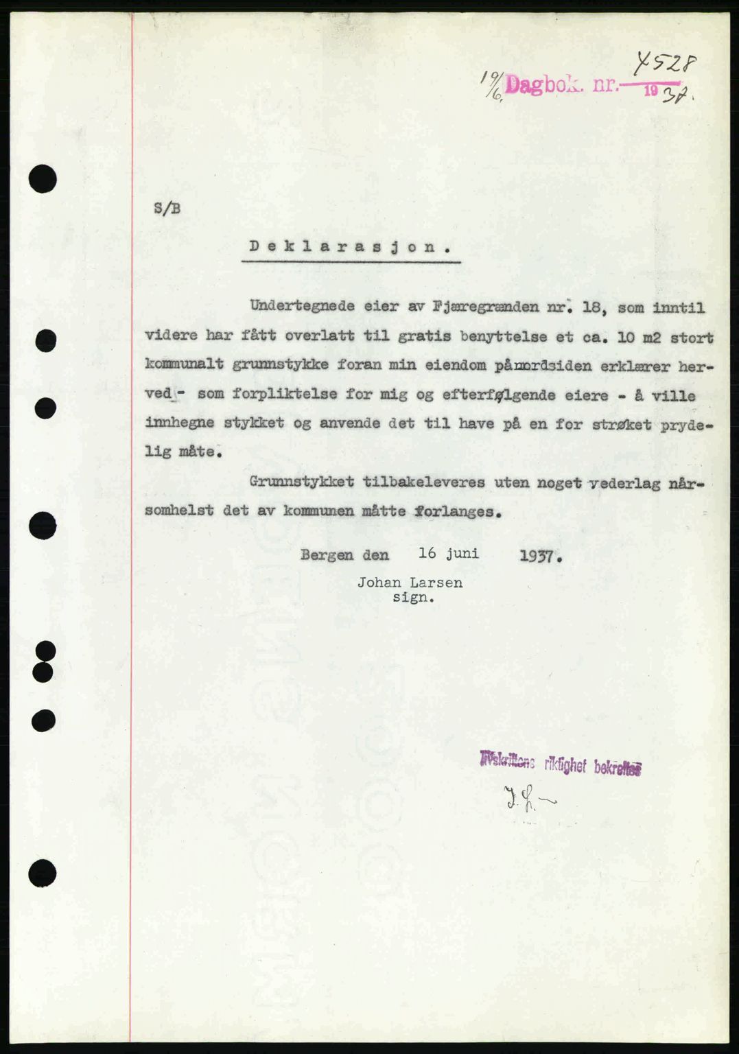 Byfogd og Byskriver i Bergen, AV/SAB-A-3401/03/03Bc/L0005: Mortgage book no. A4, 1937-1937, Diary no: : 4528/1937
