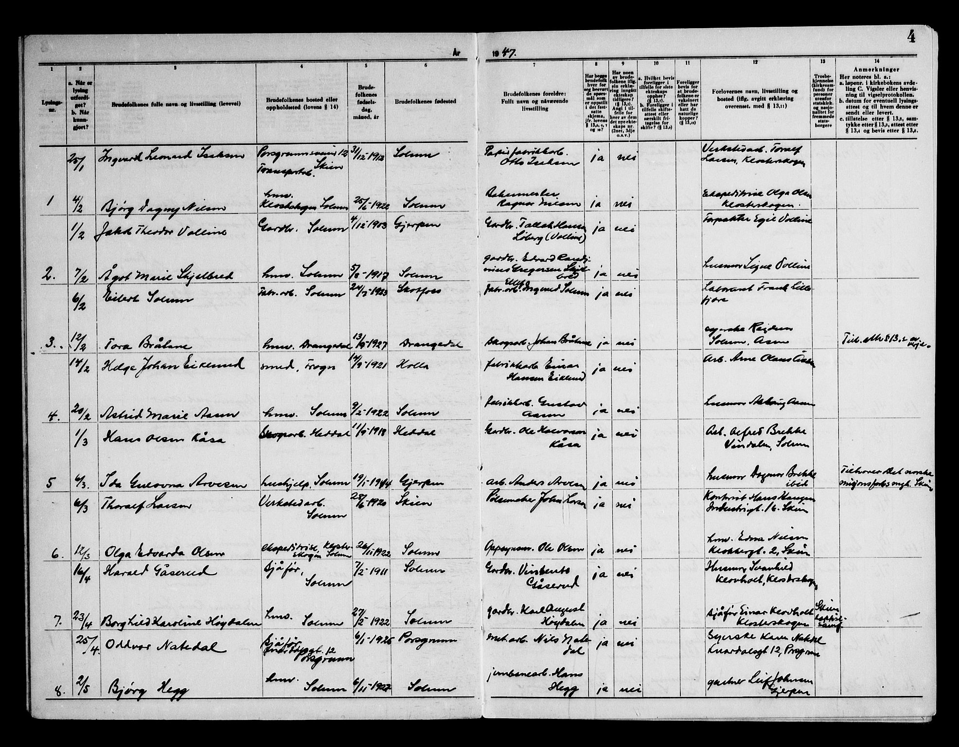 Solum kirkebøker, AV/SAKO-A-306/H/Ha/L0003: Banns register no. I 3, 1946-1966, p. 4