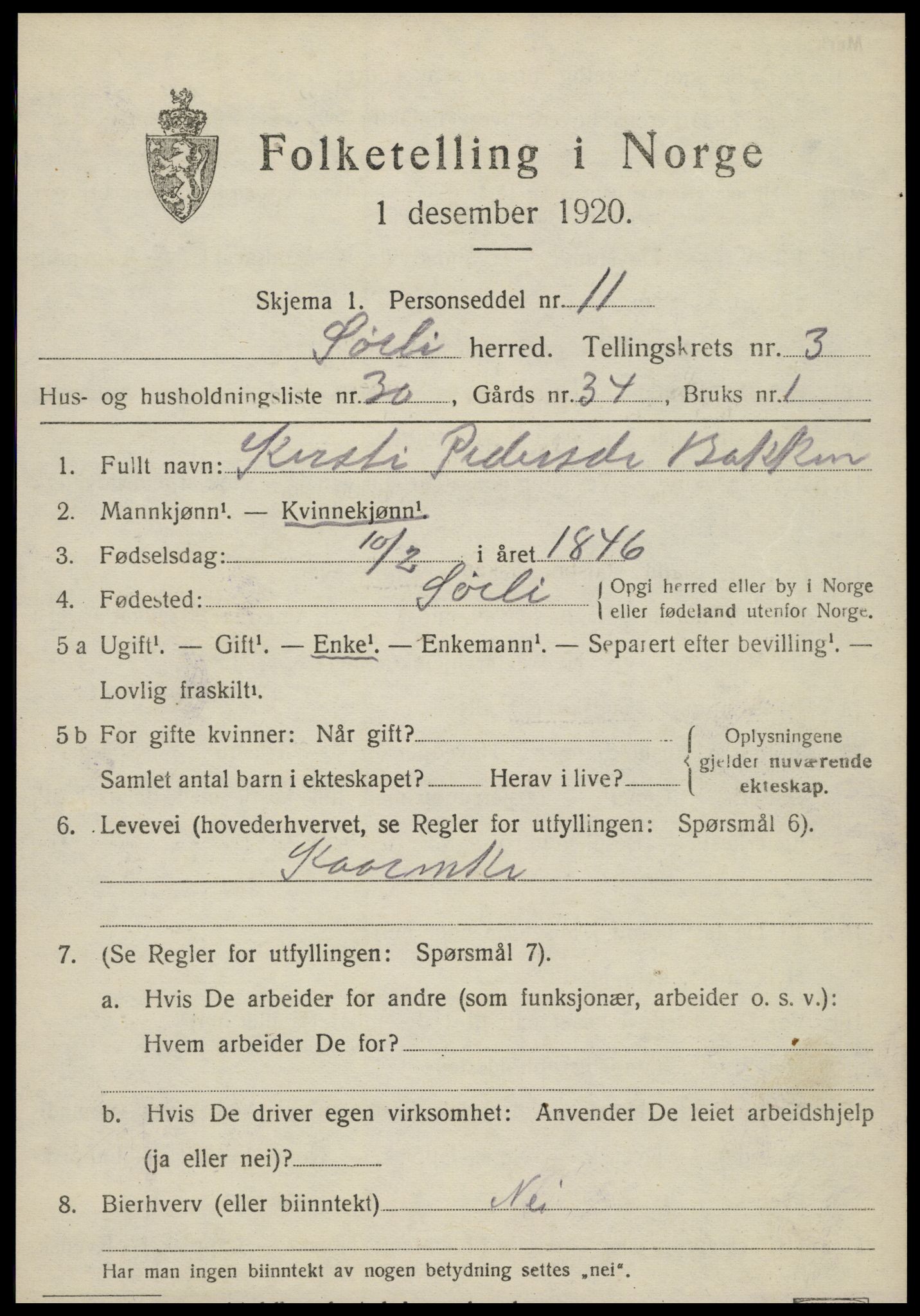 SAT, 1920 census for Sørli, 1920, p. 1425