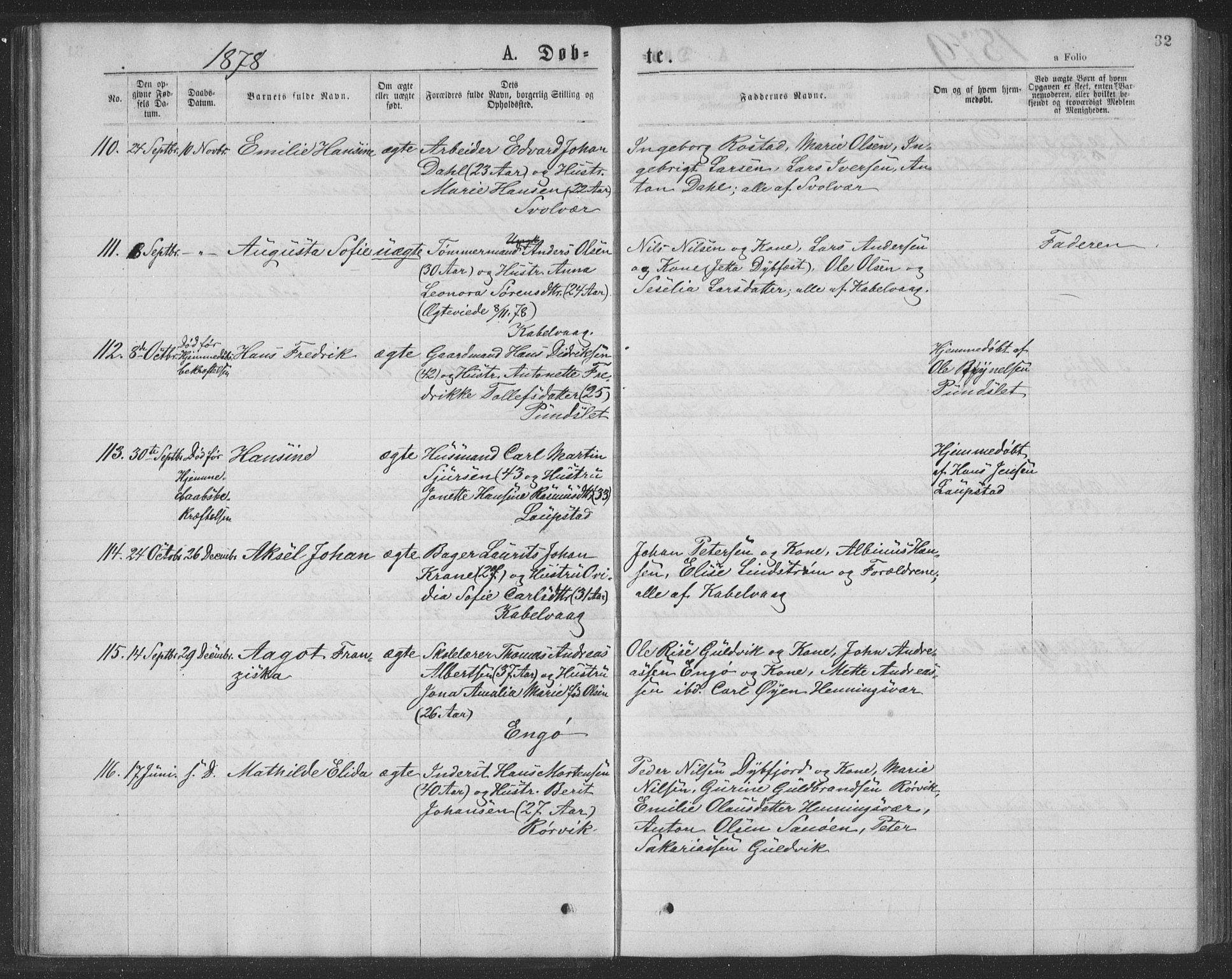 Ministerialprotokoller, klokkerbøker og fødselsregistre - Nordland, AV/SAT-A-1459/874/L1075: Parish register (copy) no. 874C04, 1876-1883, p. 32