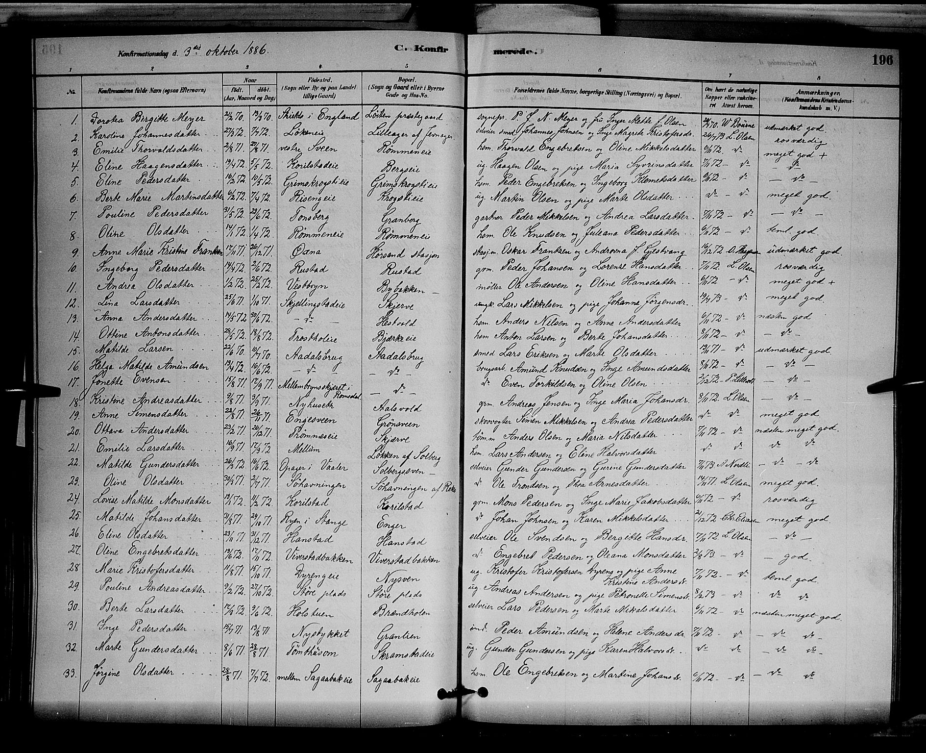 Løten prestekontor, SAH/PREST-022/L/La/L0005: Parish register (copy) no. 5, 1878-1891, p. 196