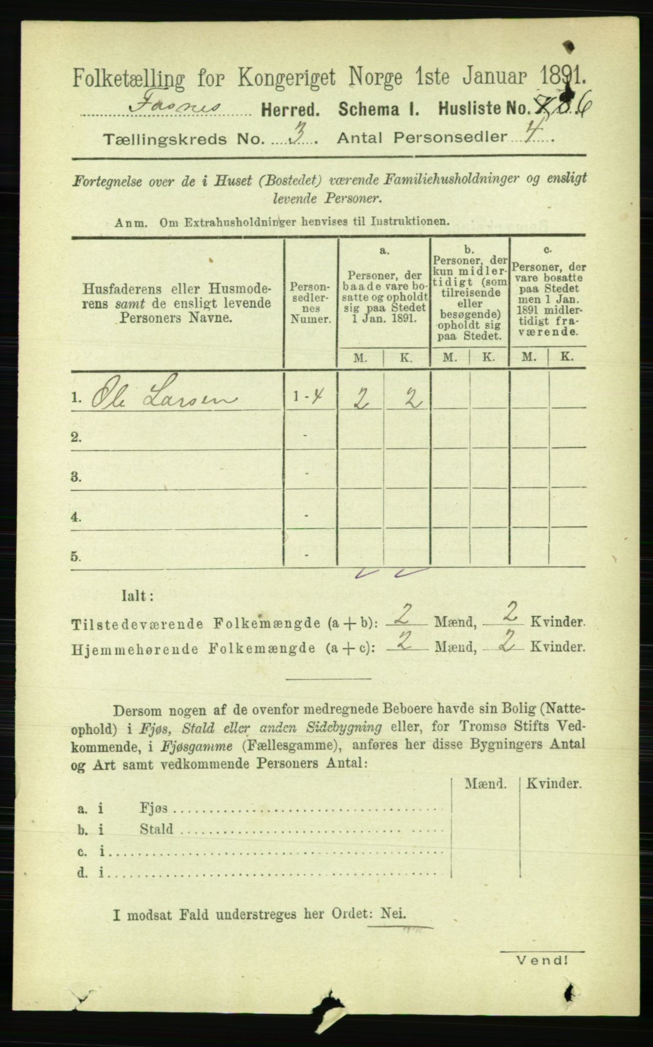 RA, 1891 census for 1748 Fosnes, 1891, p. 696