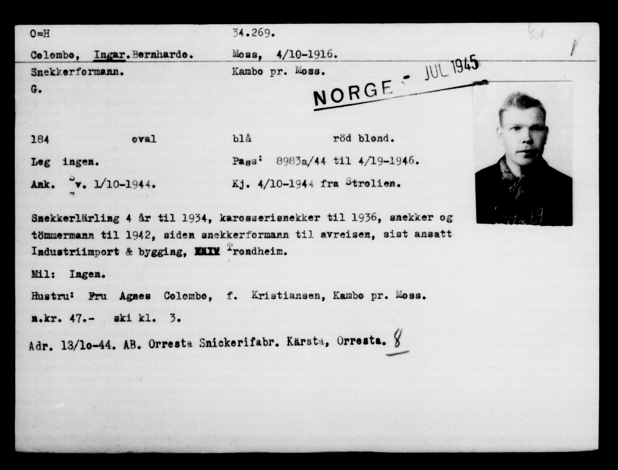 Utenriksstasjonene, Legasjonen i Stockholm, Flyktningkontoret, AV/RA-S-6753/V/Va/L0013: Kjesäterkartoteket, flyktninger med registreringsnr. 31500-34731, 1940-1945, p. 2921