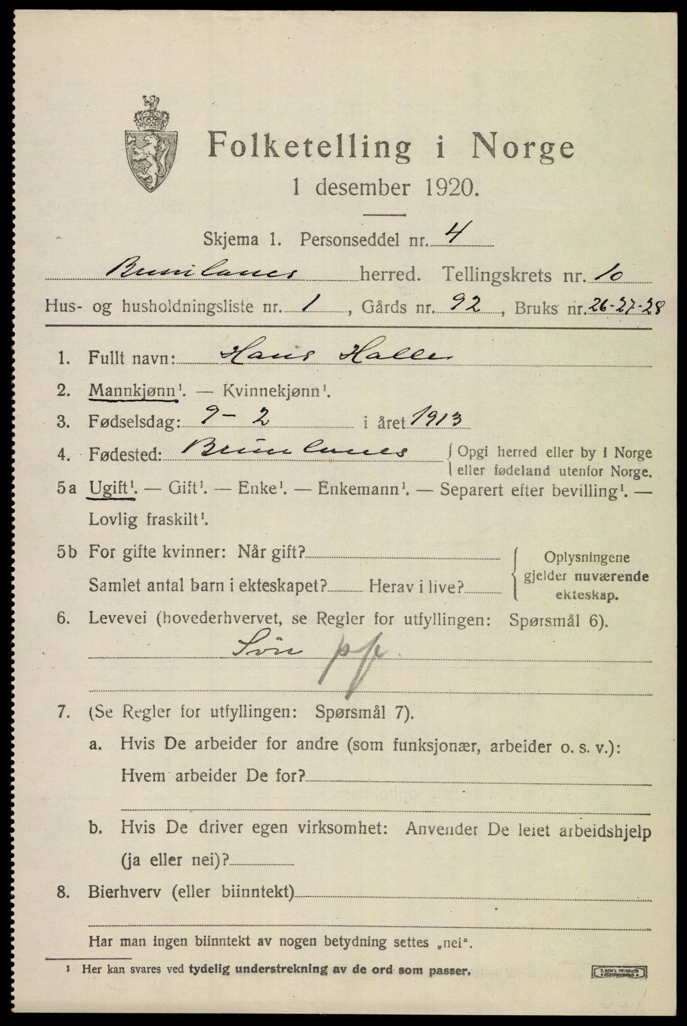 SAKO, 1920 census for Brunlanes, 1920, p. 8613