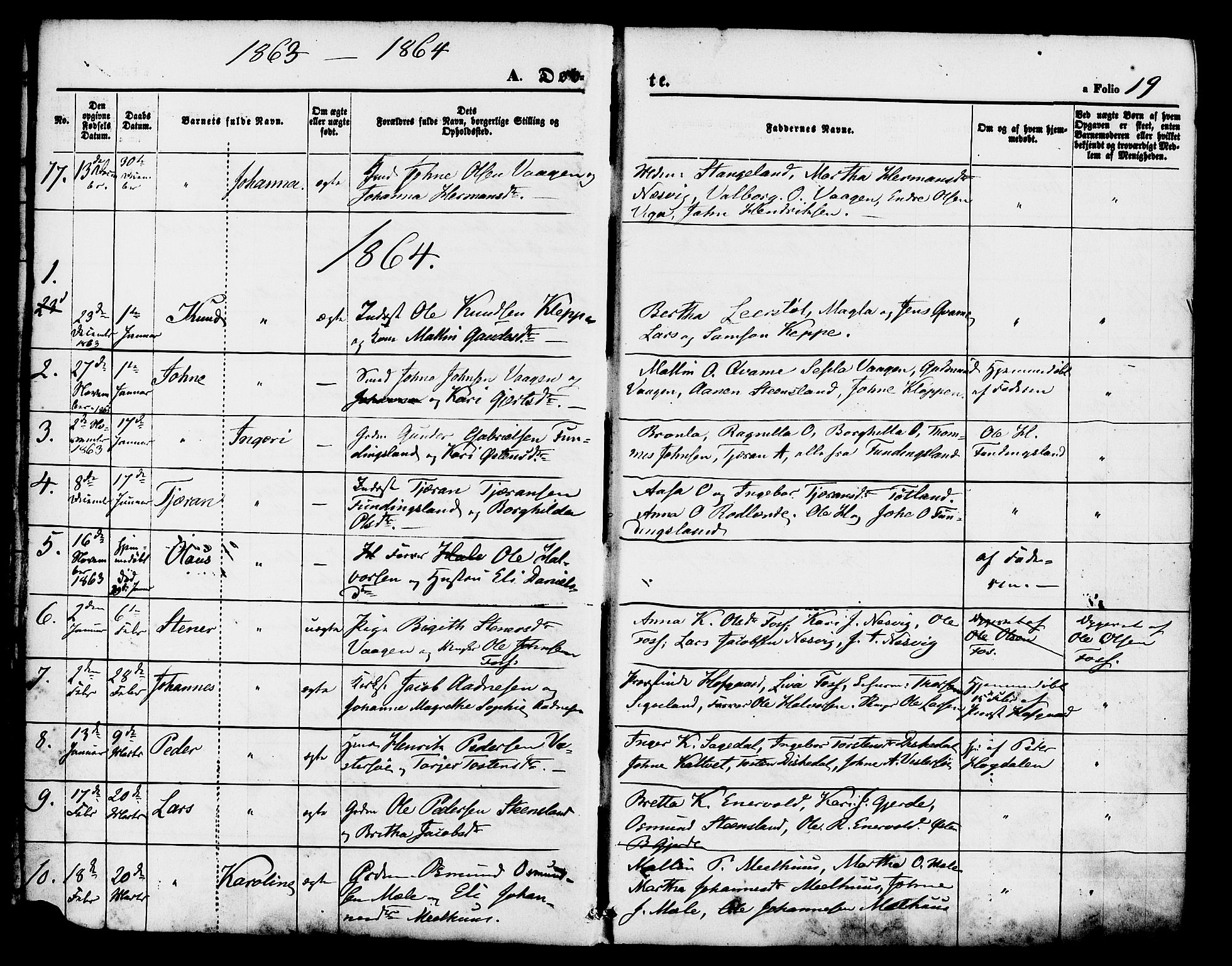 Hjelmeland sokneprestkontor, SAST/A-101843/01/IV/L0011: Parish register (official) no. A 11, 1861-1878, p. 19