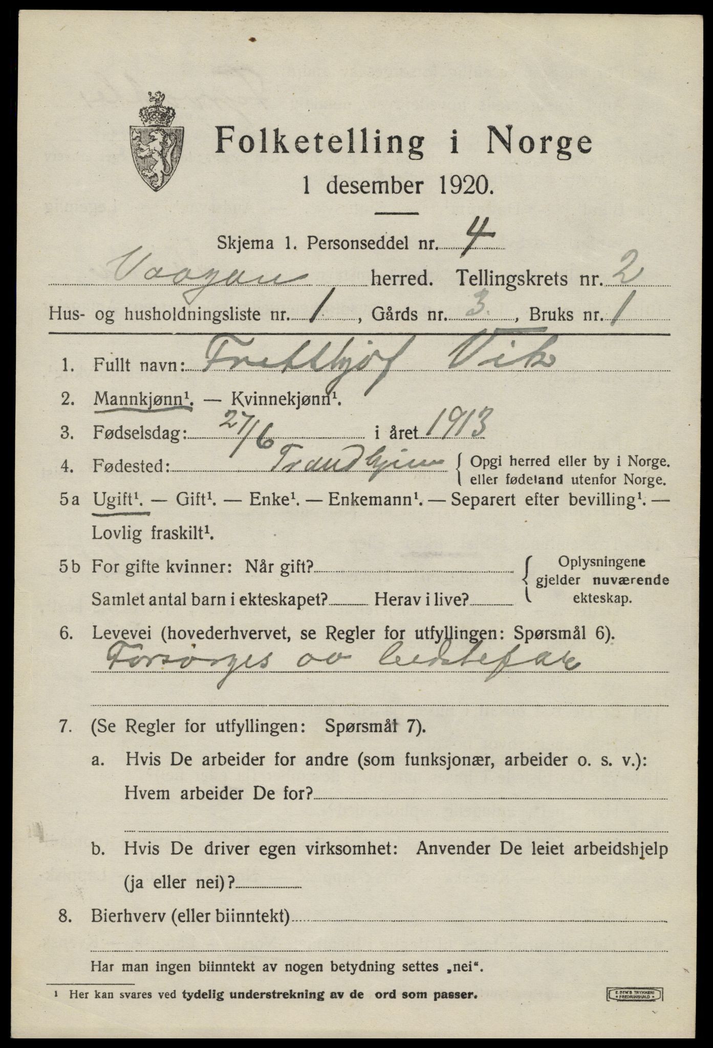 SAT, 1920 census for Vågan, 1920, p. 1839