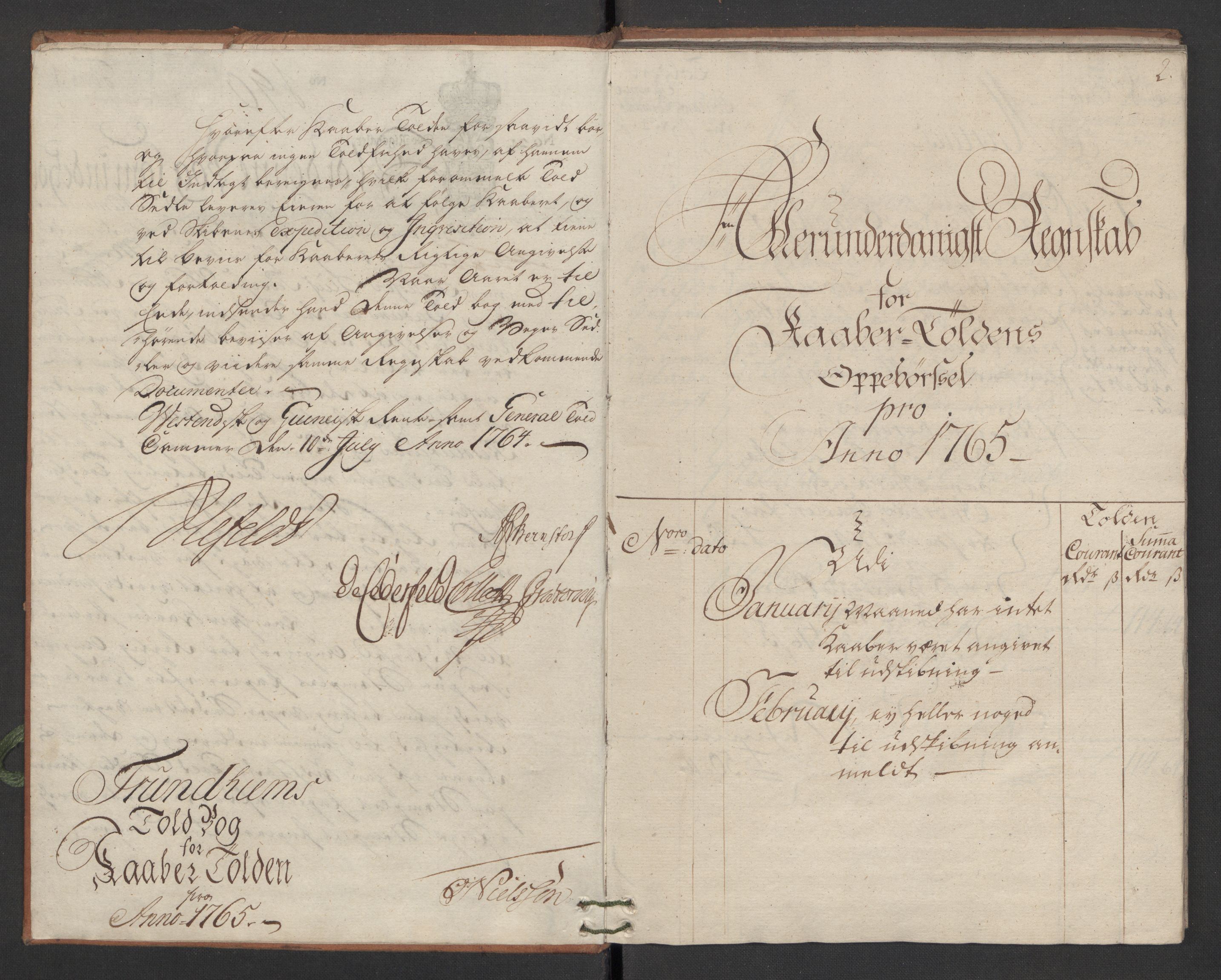 Generaltollkammeret, tollregnskaper, AV/RA-EA-5490/R34/L0015/0001: Koppertollregnskaper Trondheim B / Tollbok for koppertollen, 1765