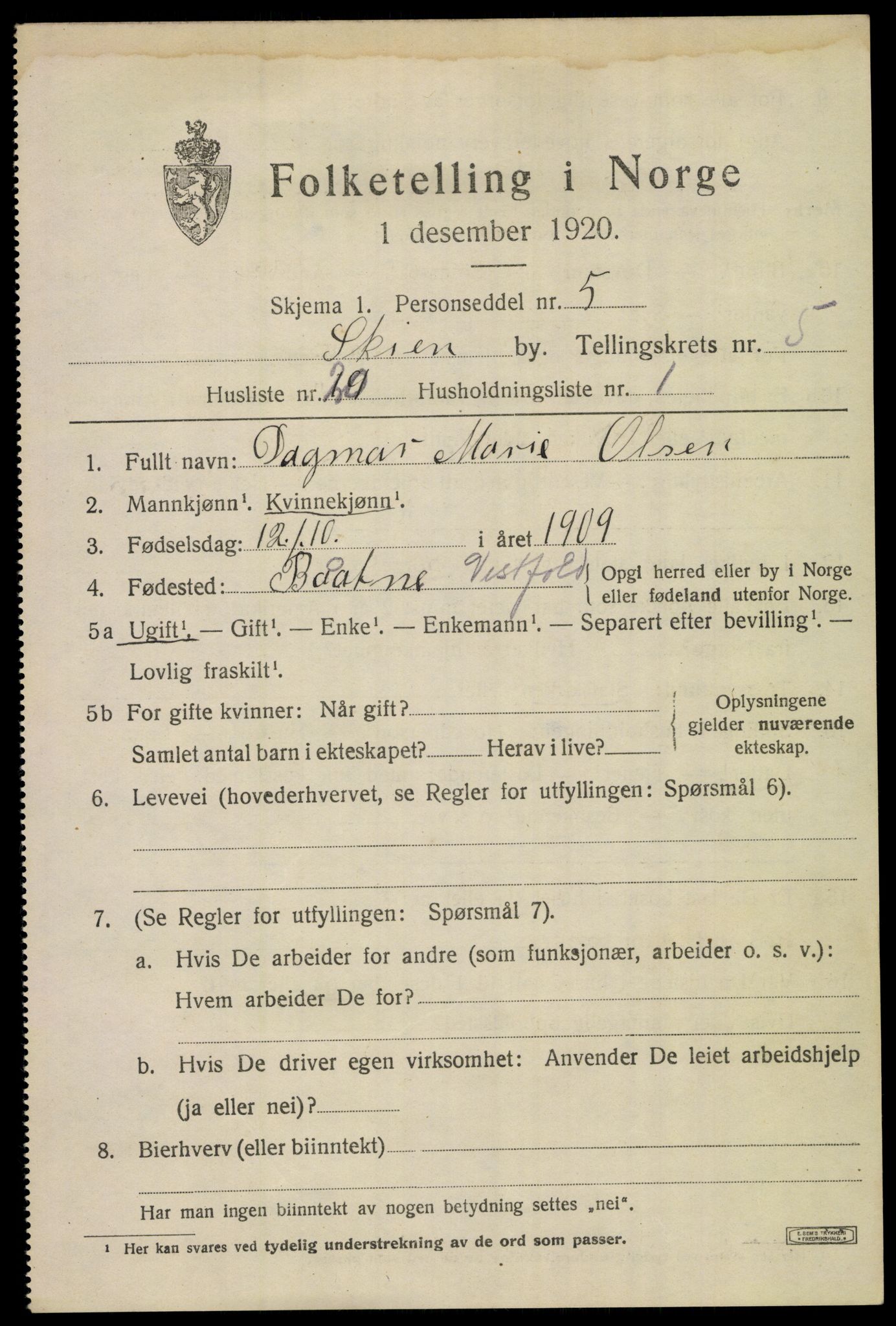 SAKO, 1920 census for Skien, 1920, p. 19916