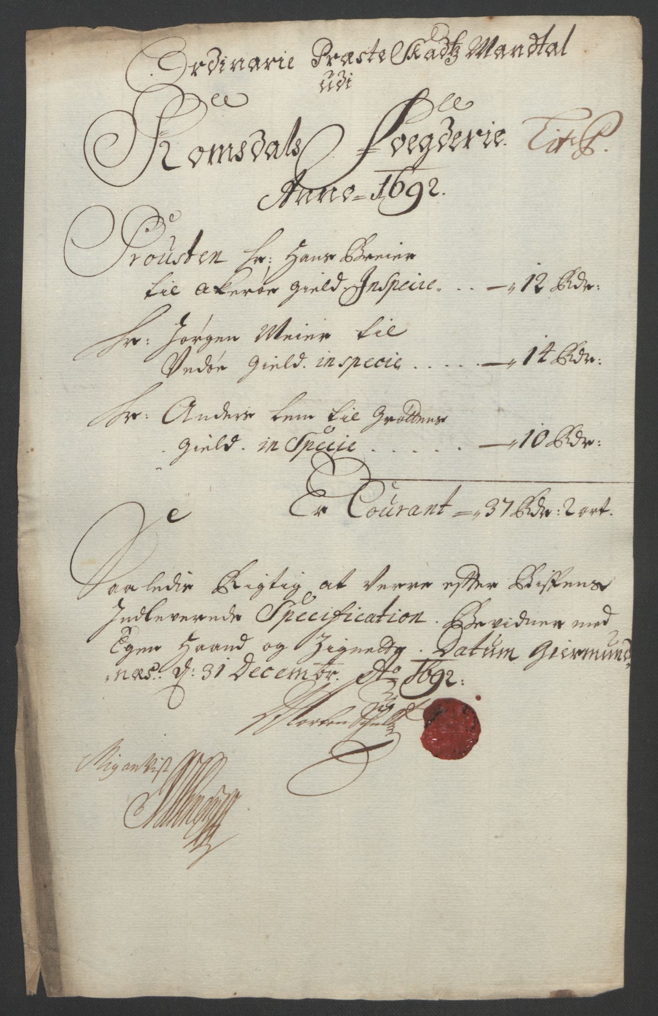 Rentekammeret inntil 1814, Reviderte regnskaper, Fogderegnskap, RA/EA-4092/R55/L3650: Fogderegnskap Romsdal, 1692, p. 168
