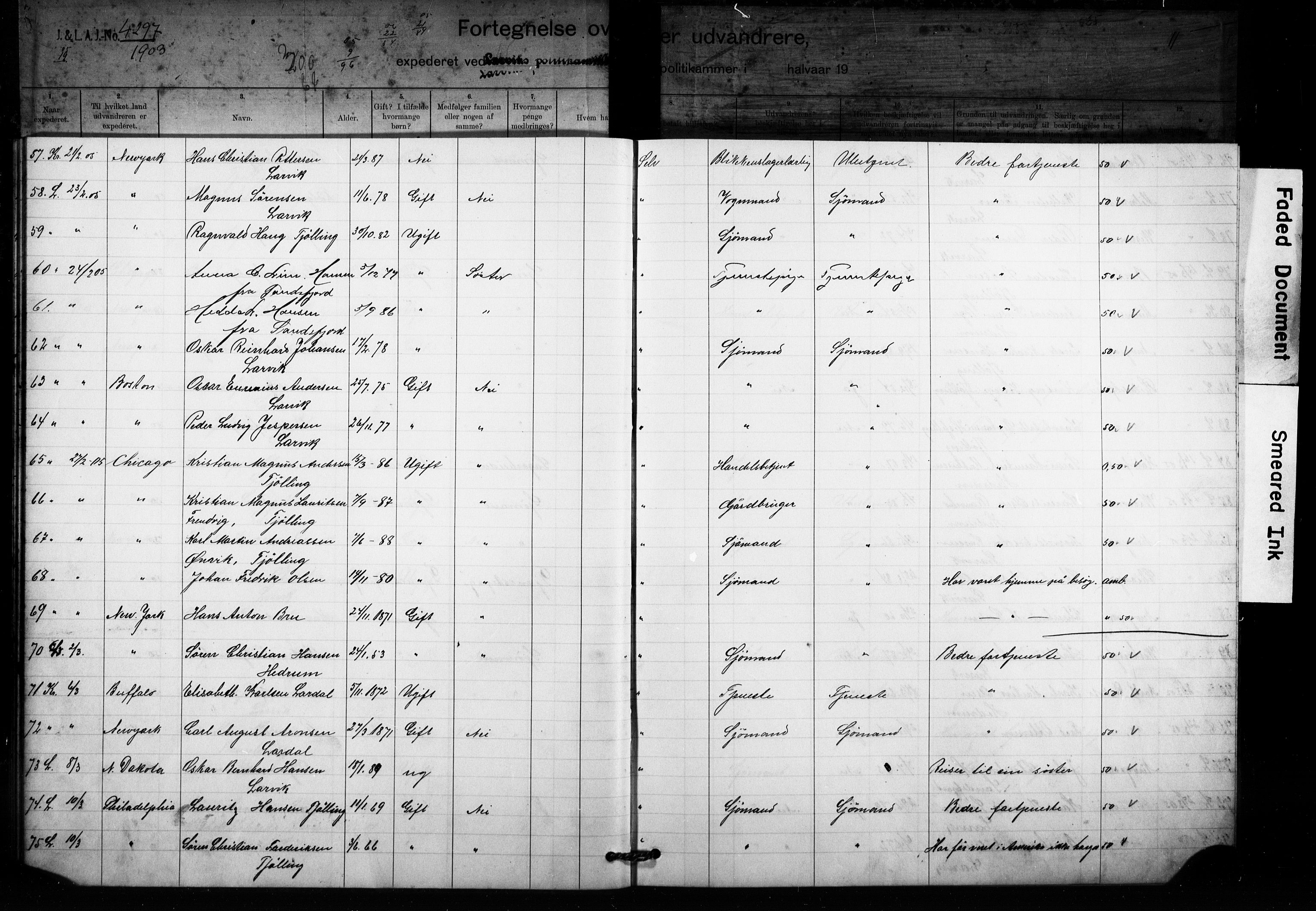Larvik politikammer, AV/SAKO-A-738/I/Ia/Iaa/L0002: Reisekontroll. Emigrantprotokoll, 1903-1909