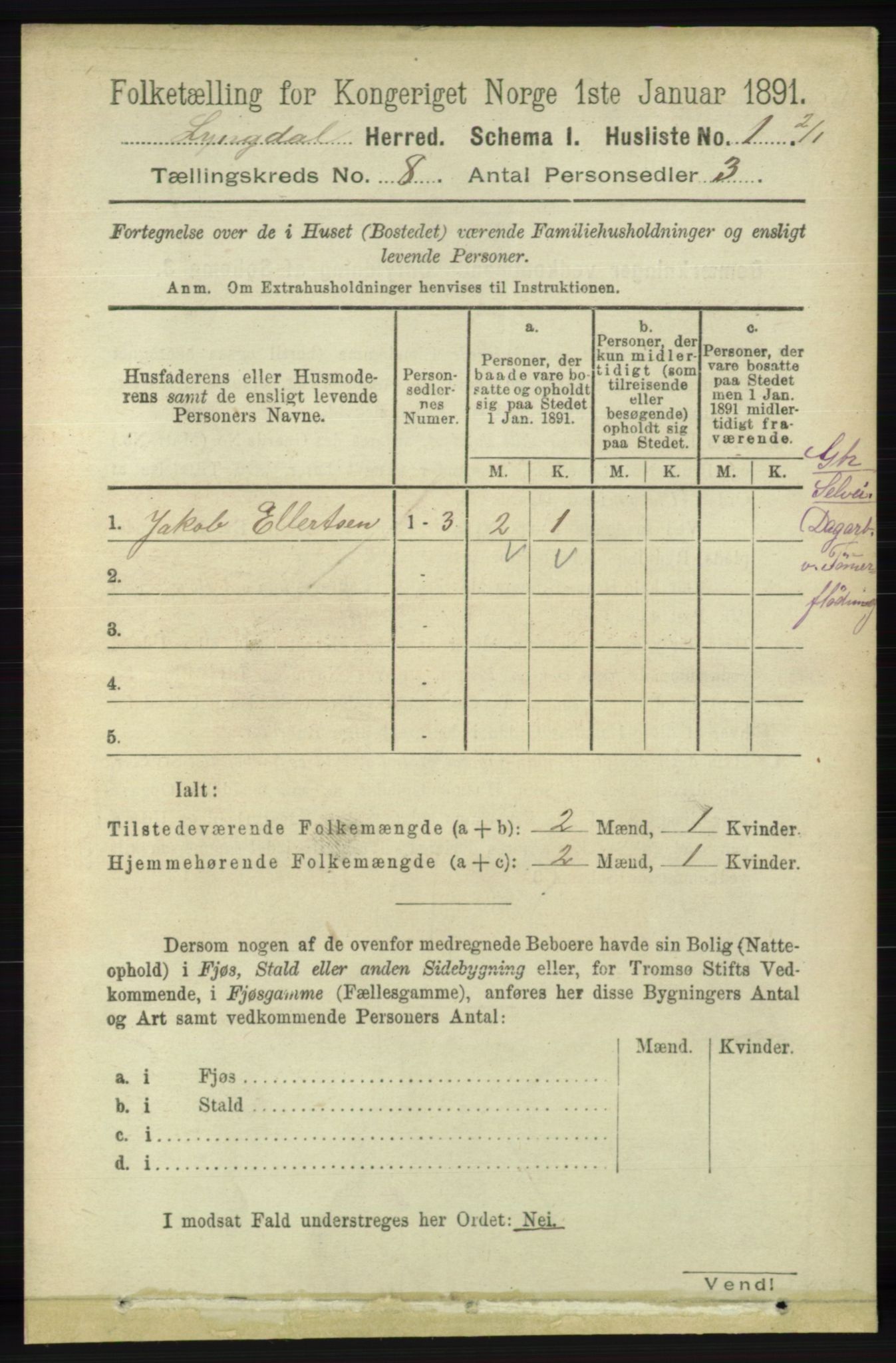 RA, 1891 census for 1032 Lyngdal, 1891, p. 3329