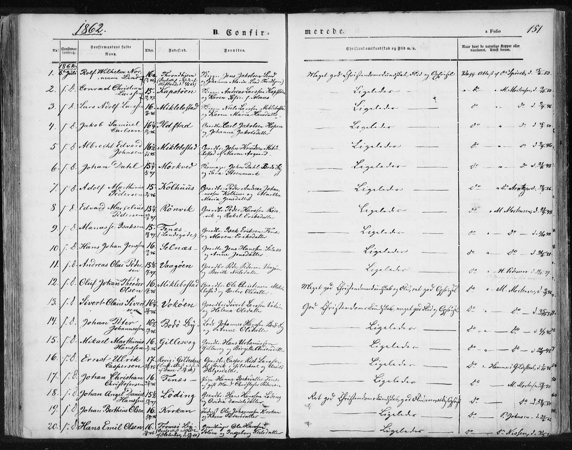 Ministerialprotokoller, klokkerbøker og fødselsregistre - Nordland, SAT/A-1459/801/L0007: Parish register (official) no. 801A07, 1845-1863, p. 151