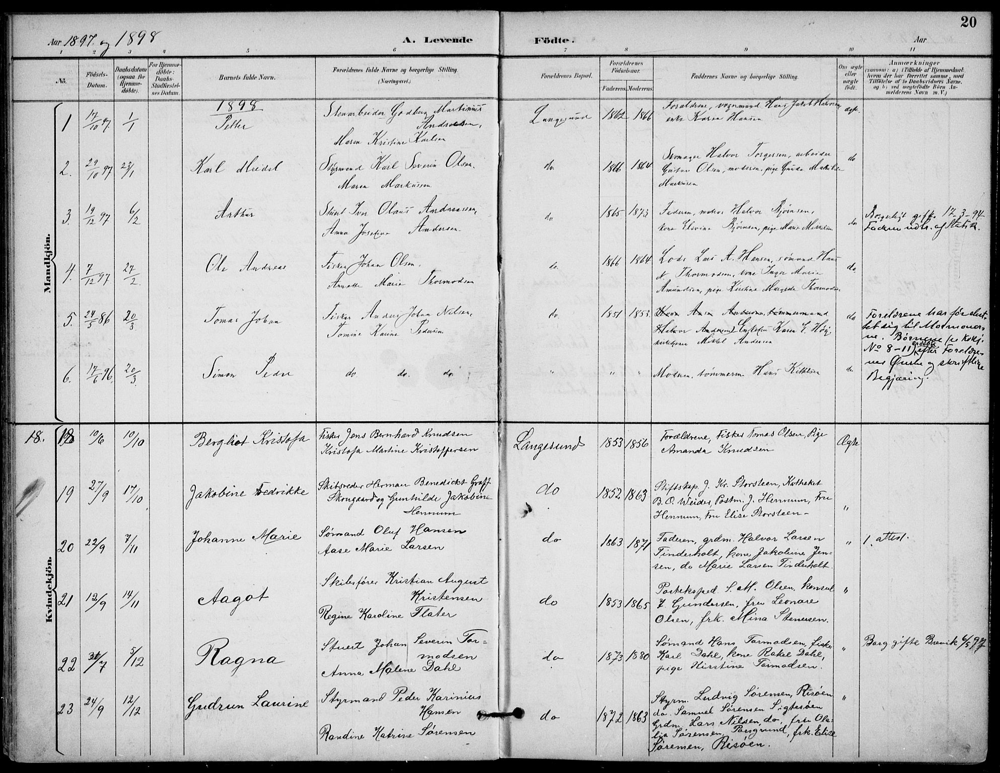 Langesund kirkebøker, SAKO/A-280/F/Fa/L0003: Parish register (official) no. 3, 1893-1907, p. 20