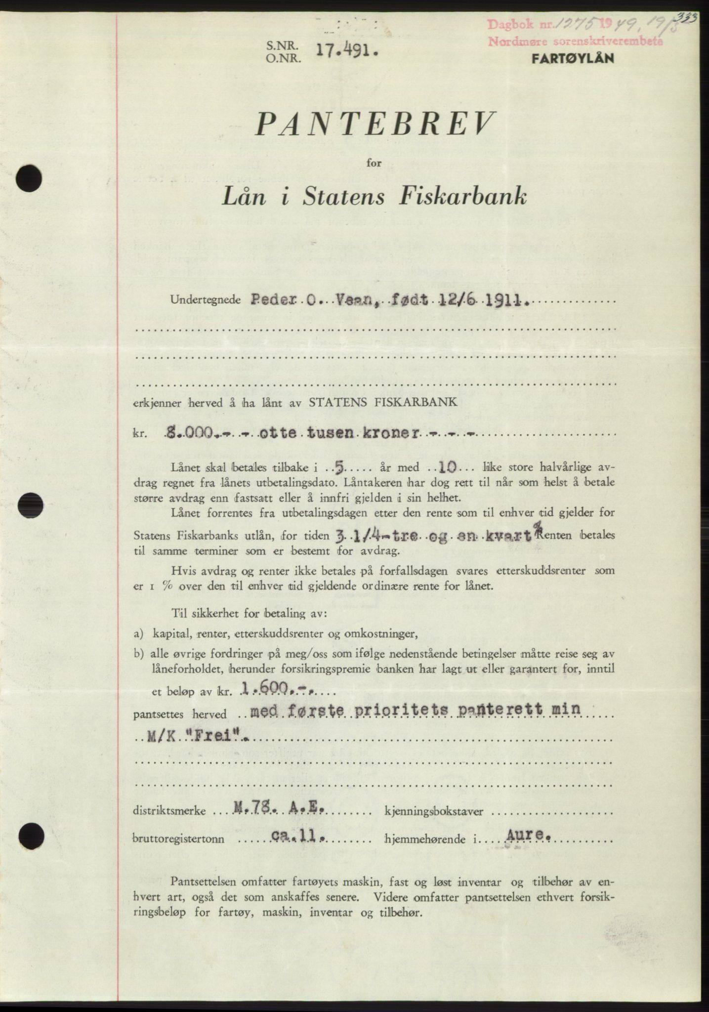 Nordmøre sorenskriveri, AV/SAT-A-4132/1/2/2Ca: Mortgage book no. B101, 1949-1949, Diary no: : 1275/1949