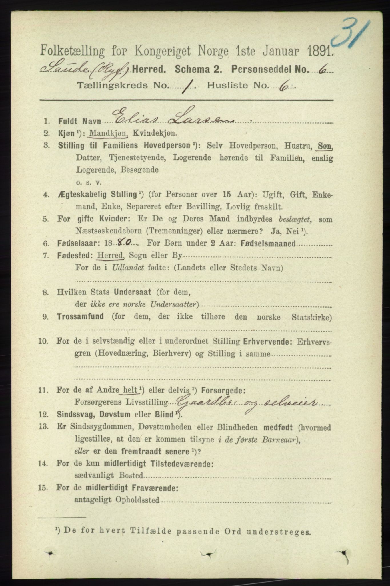 RA, 1891 census for 1135 Sauda, 1891, p. 139