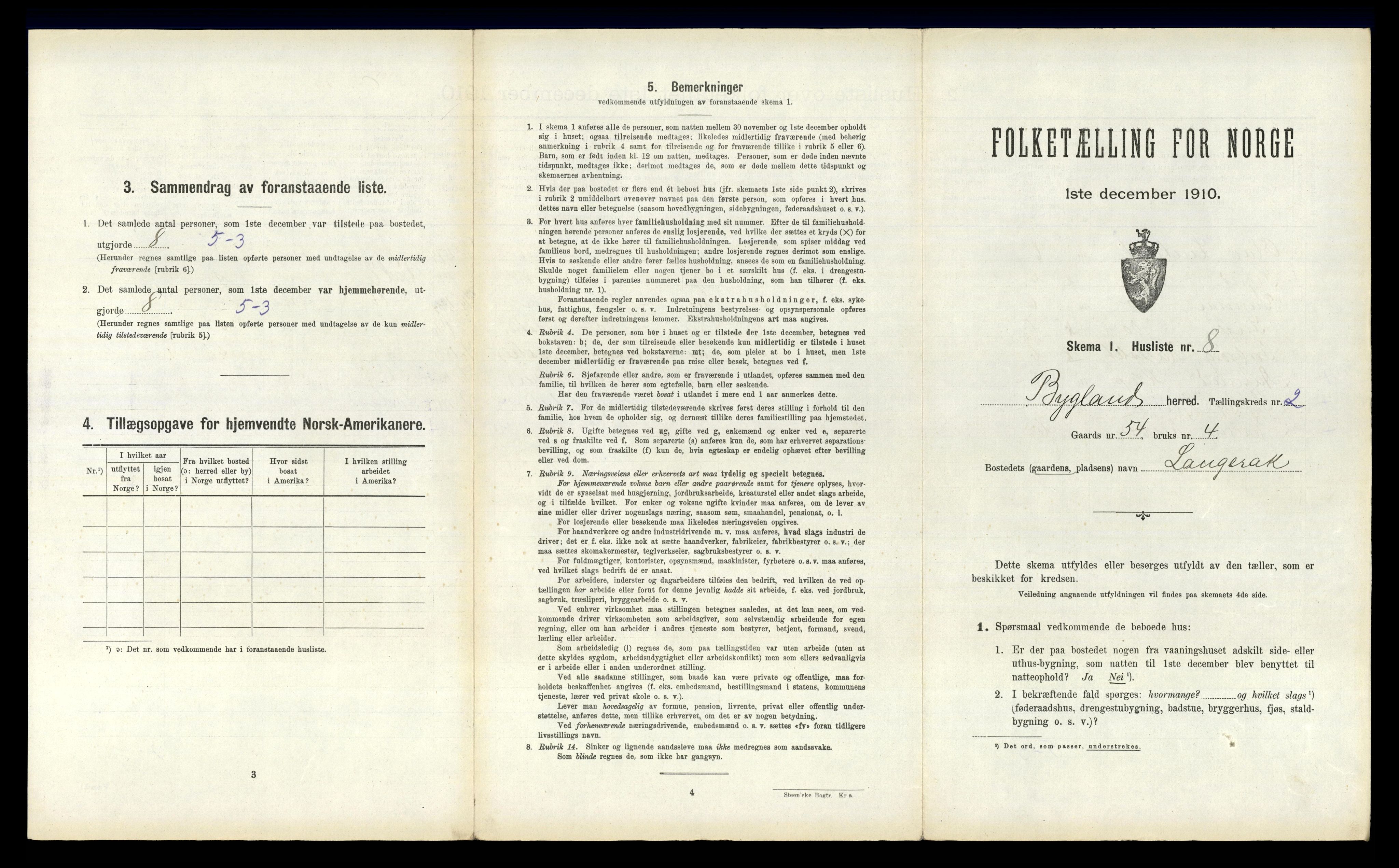 RA, 1910 census for Bygland, 1910, p. 155