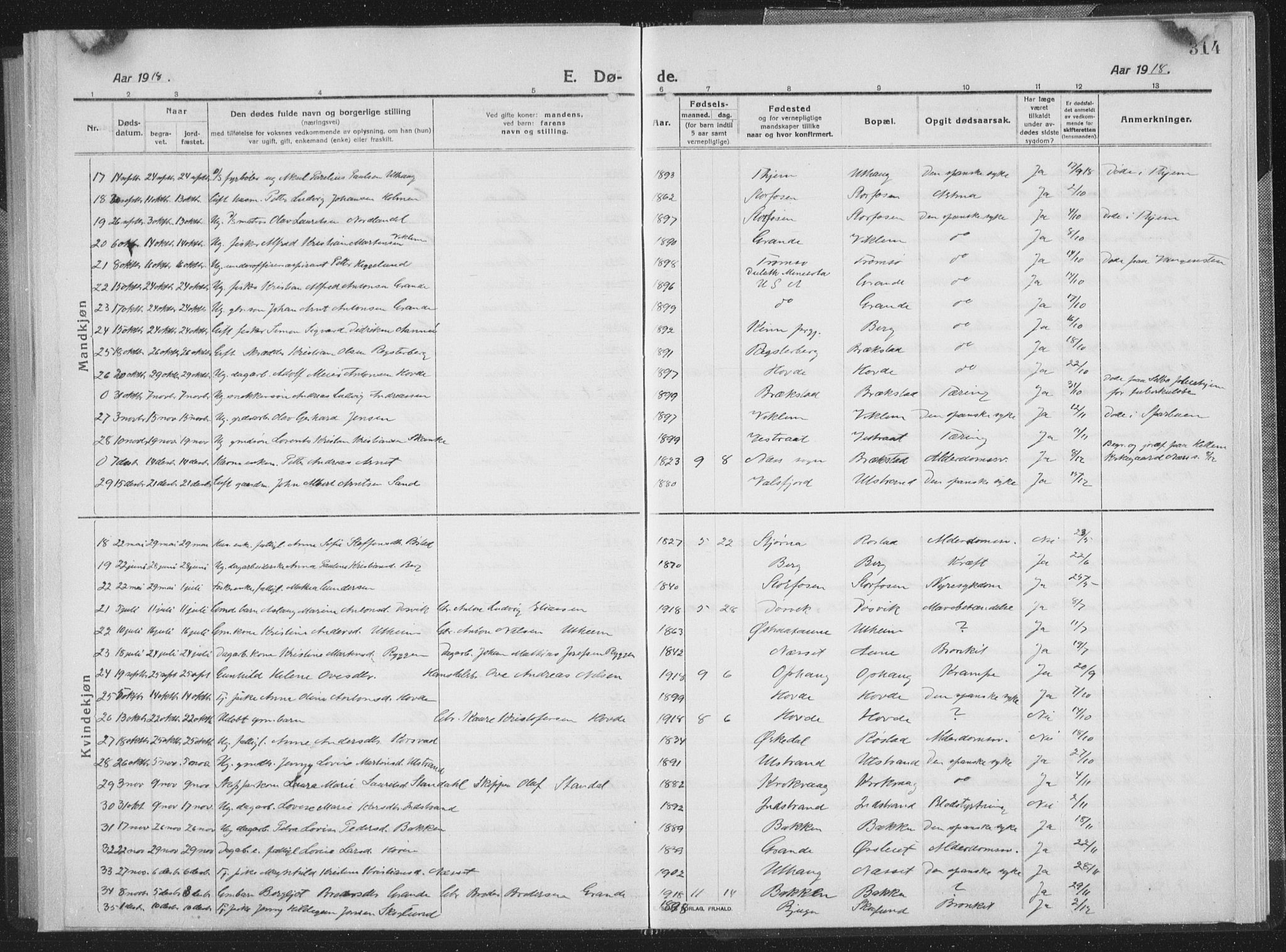 Ministerialprotokoller, klokkerbøker og fødselsregistre - Sør-Trøndelag, SAT/A-1456/659/L0747: Parish register (copy) no. 659C04, 1913-1938, p. 314