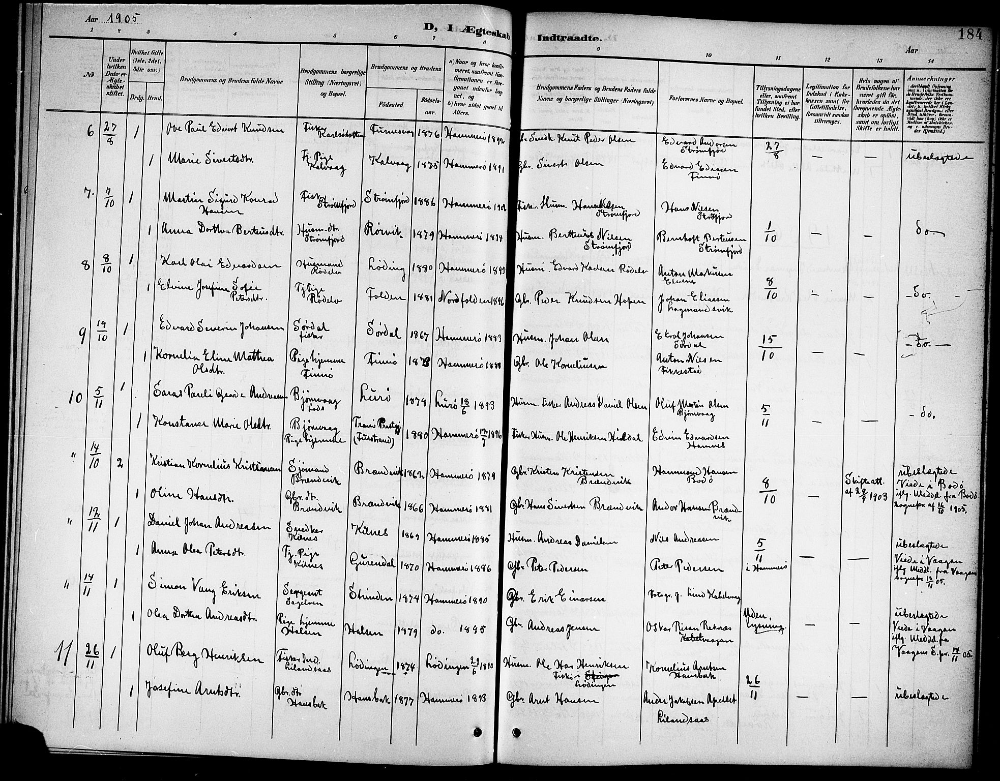 Ministerialprotokoller, klokkerbøker og fødselsregistre - Nordland, AV/SAT-A-1459/859/L0860: Parish register (copy) no. 859C06, 1899-1909, p. 184