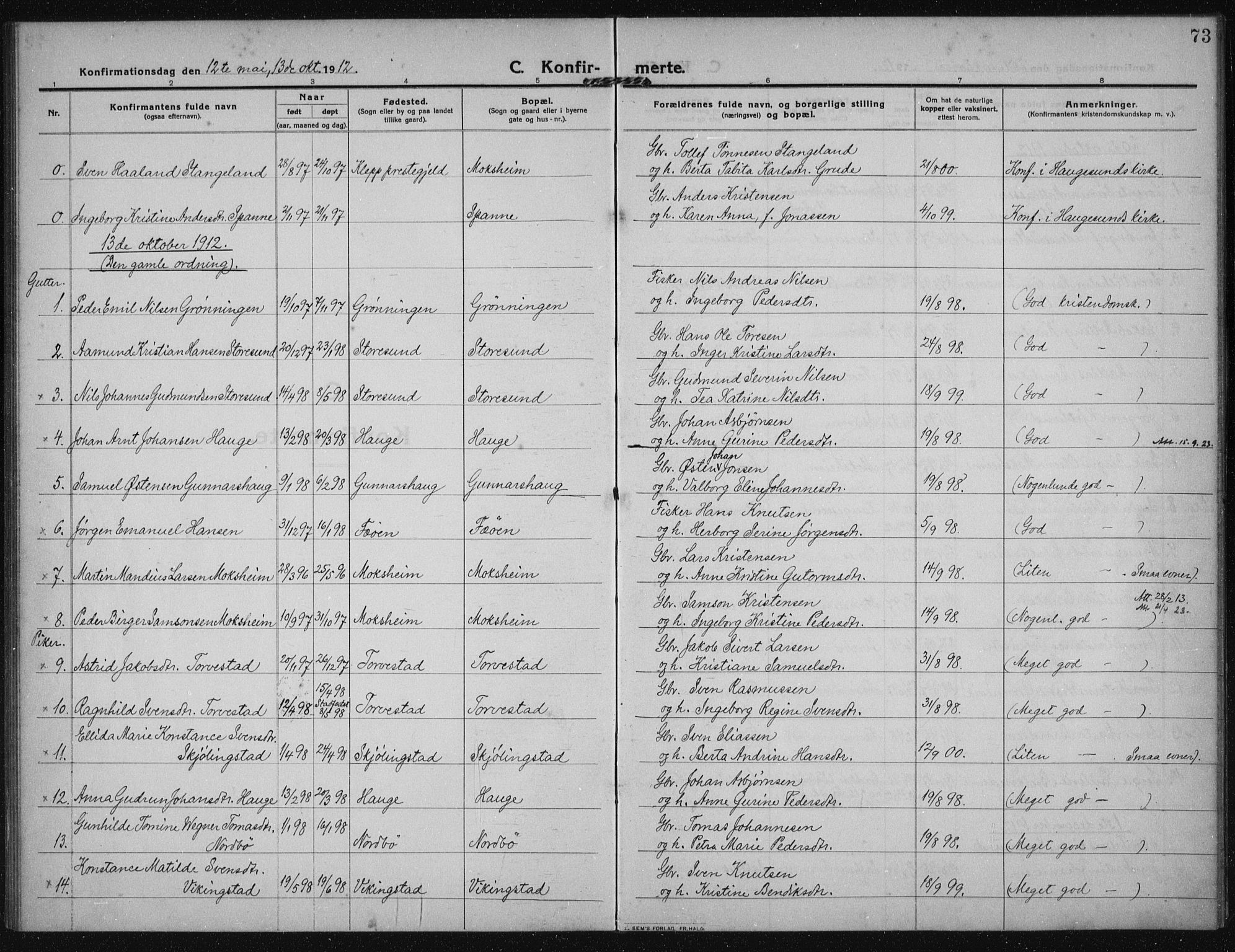 Torvastad sokneprestkontor, AV/SAST-A -101857/H/Ha/Haa/L0019: Parish register (official) no. A 18, 1912-1920, p. 73