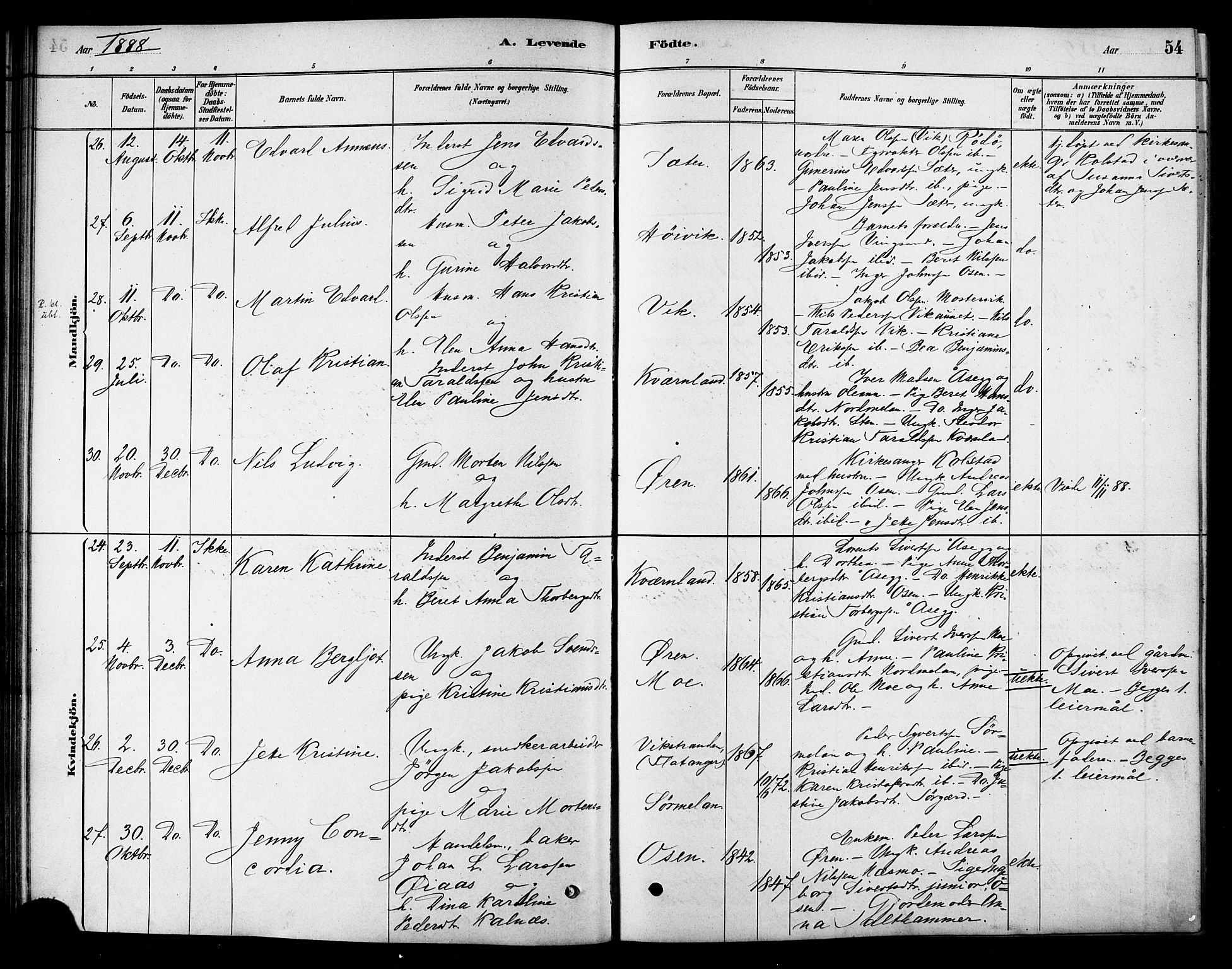 Ministerialprotokoller, klokkerbøker og fødselsregistre - Sør-Trøndelag, SAT/A-1456/658/L0722: Parish register (official) no. 658A01, 1879-1896, p. 54