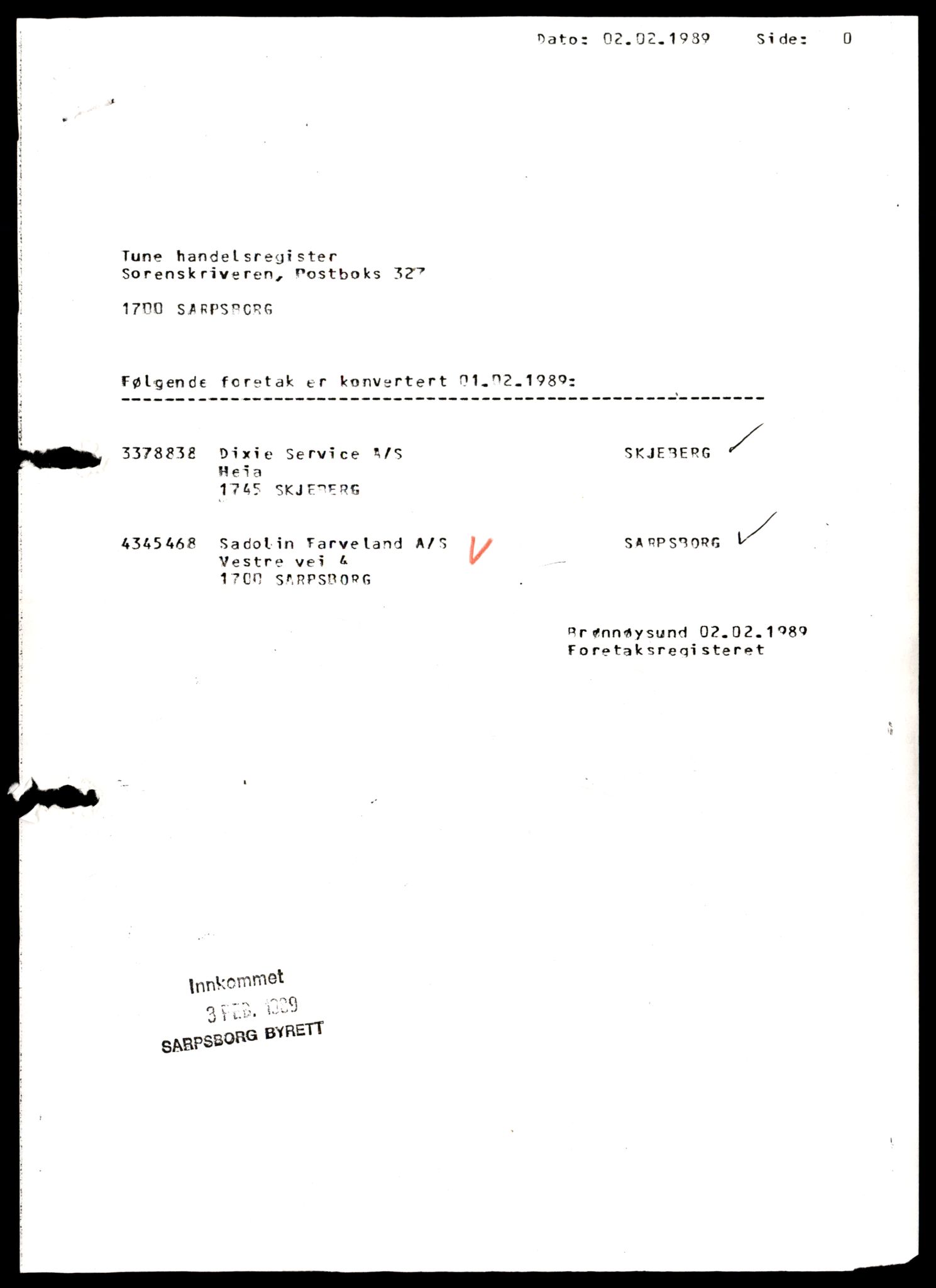 Tune sorenskriveri, SAT/A-10470/K/Kd/Kdc/L0008: Aksjeselskap, S - Å, 1944-1990, p. 1
