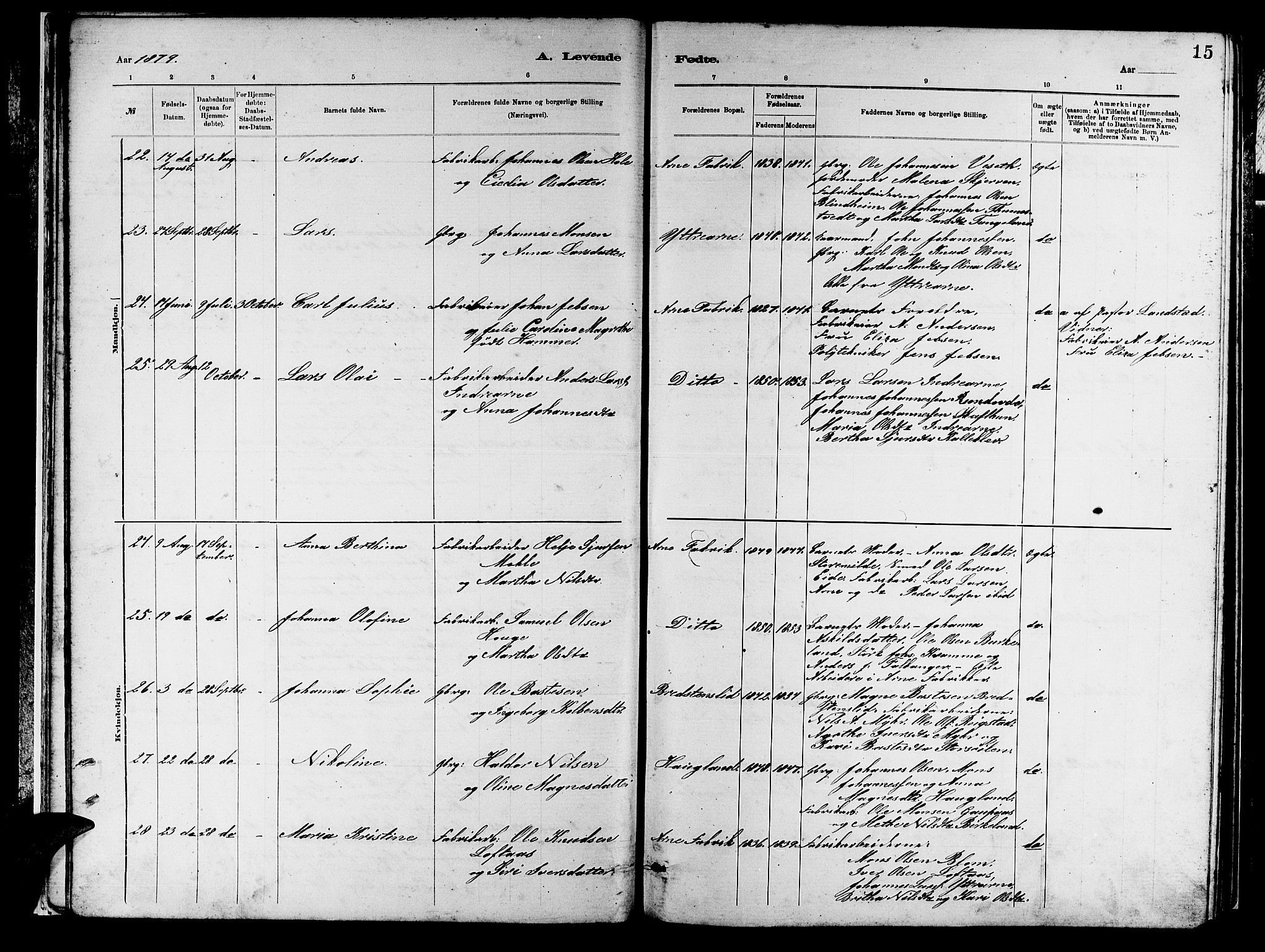 Arna Sokneprestembete, SAB/A-74001/H/Ha/Hab: Parish register (copy) no. A 2, 1878-1887, p. 15