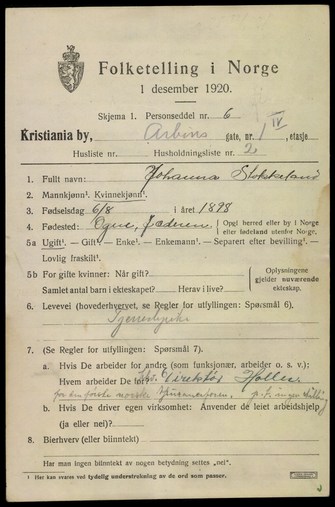 SAO, 1920 census for Kristiania, 1920, p. 142075