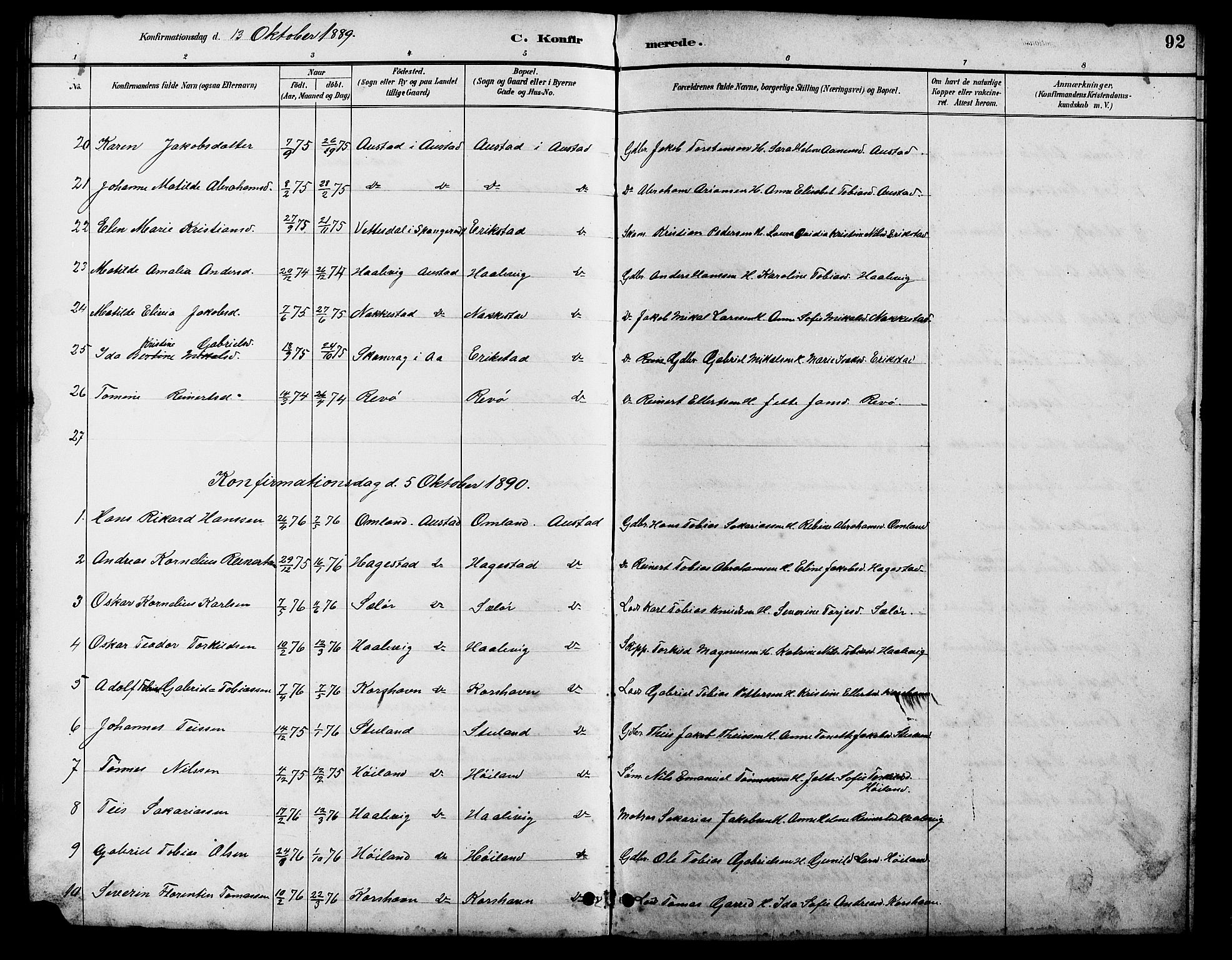 Lyngdal sokneprestkontor, AV/SAK-1111-0029/F/Fb/Fba/L0003: Parish register (copy) no. B 3, 1886-1903, p. 92