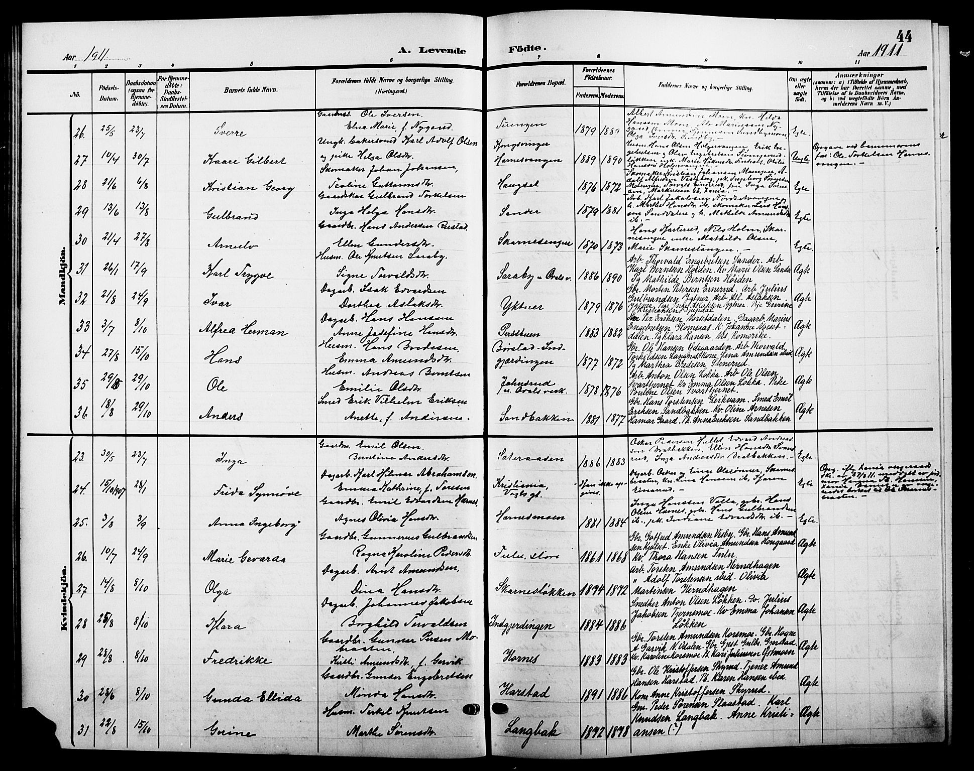 Sør-Odal prestekontor, AV/SAH-PREST-030/H/Ha/Hab/L0005: Parish register (copy) no. 5, 1903-1915, p. 44