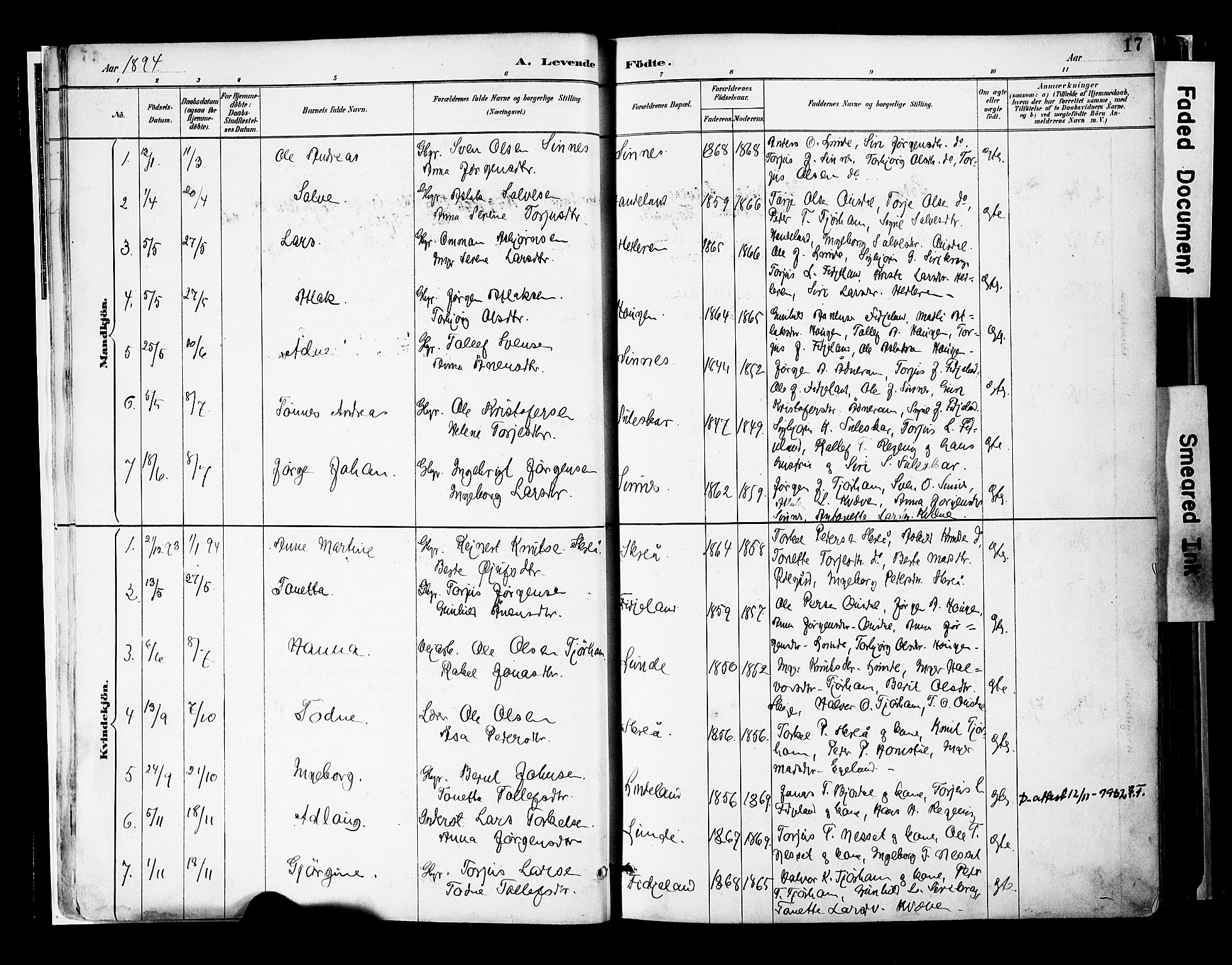 Sirdal sokneprestkontor, SAK/1111-0036/F/Fa/Faa/L0001: Parish register (official) no. A 1, 1887-1910, p. 17