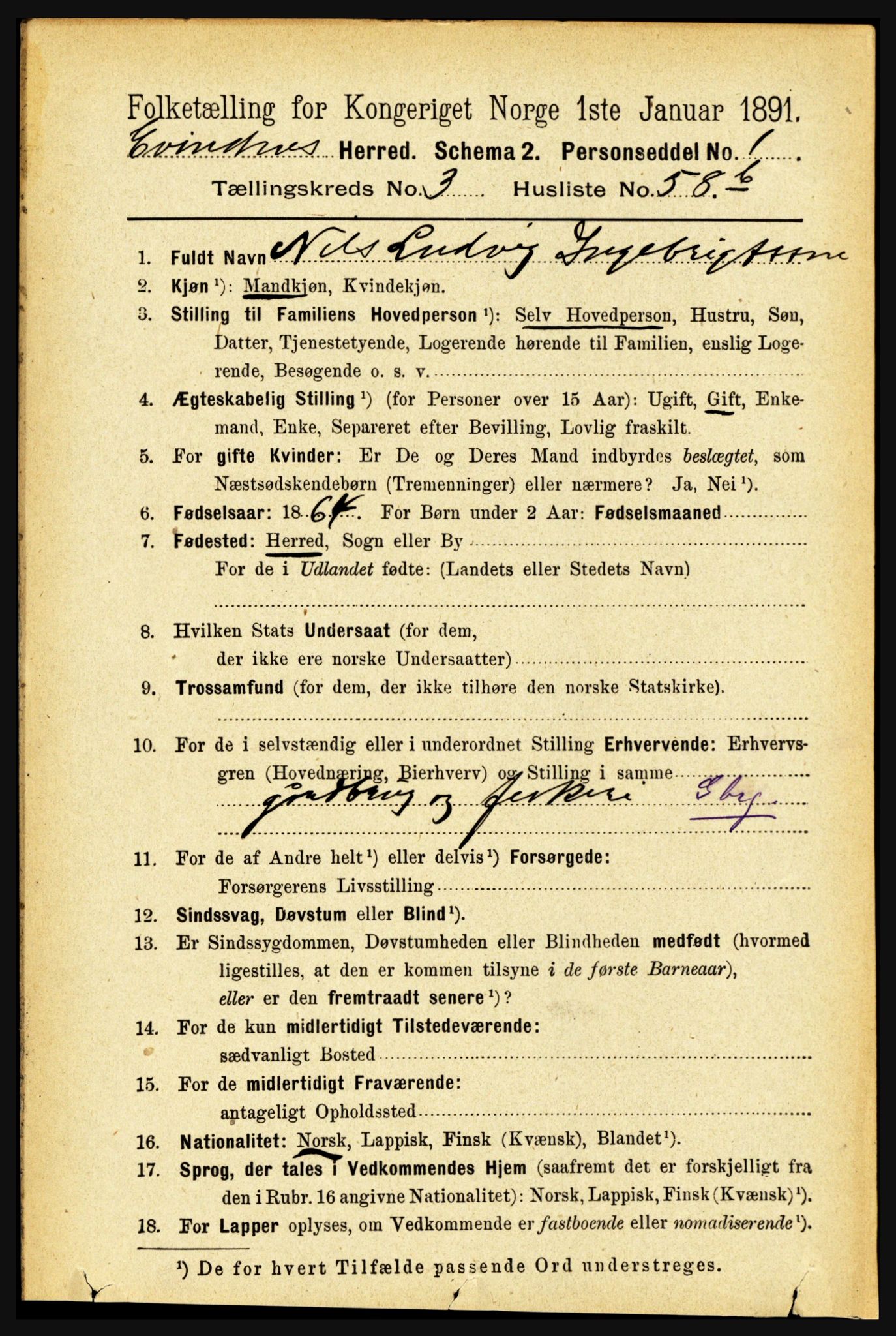 RA, 1891 census for 1853 Evenes, 1891, p. 1143