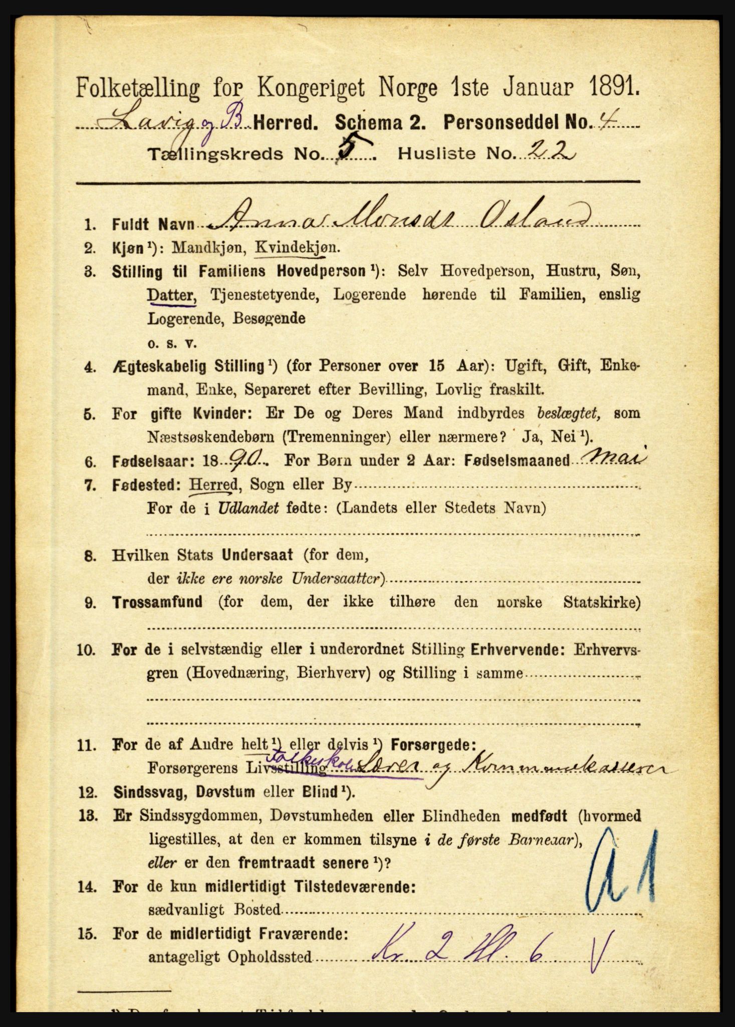 RA, 1891 census for 1415 Lavik og Brekke, 1891, p. 1099