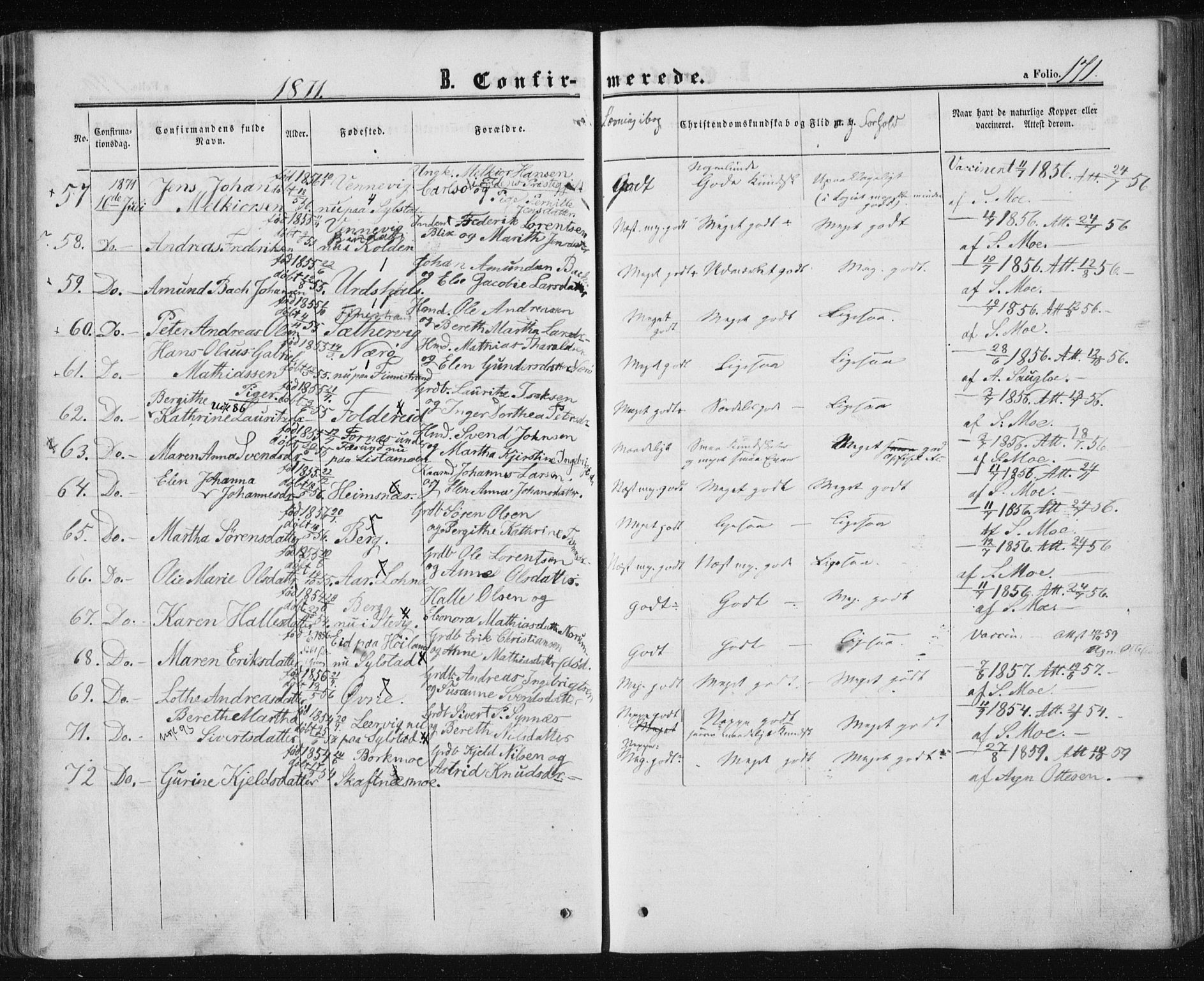 Ministerialprotokoller, klokkerbøker og fødselsregistre - Nord-Trøndelag, AV/SAT-A-1458/780/L0641: Parish register (official) no. 780A06, 1857-1874, p. 171