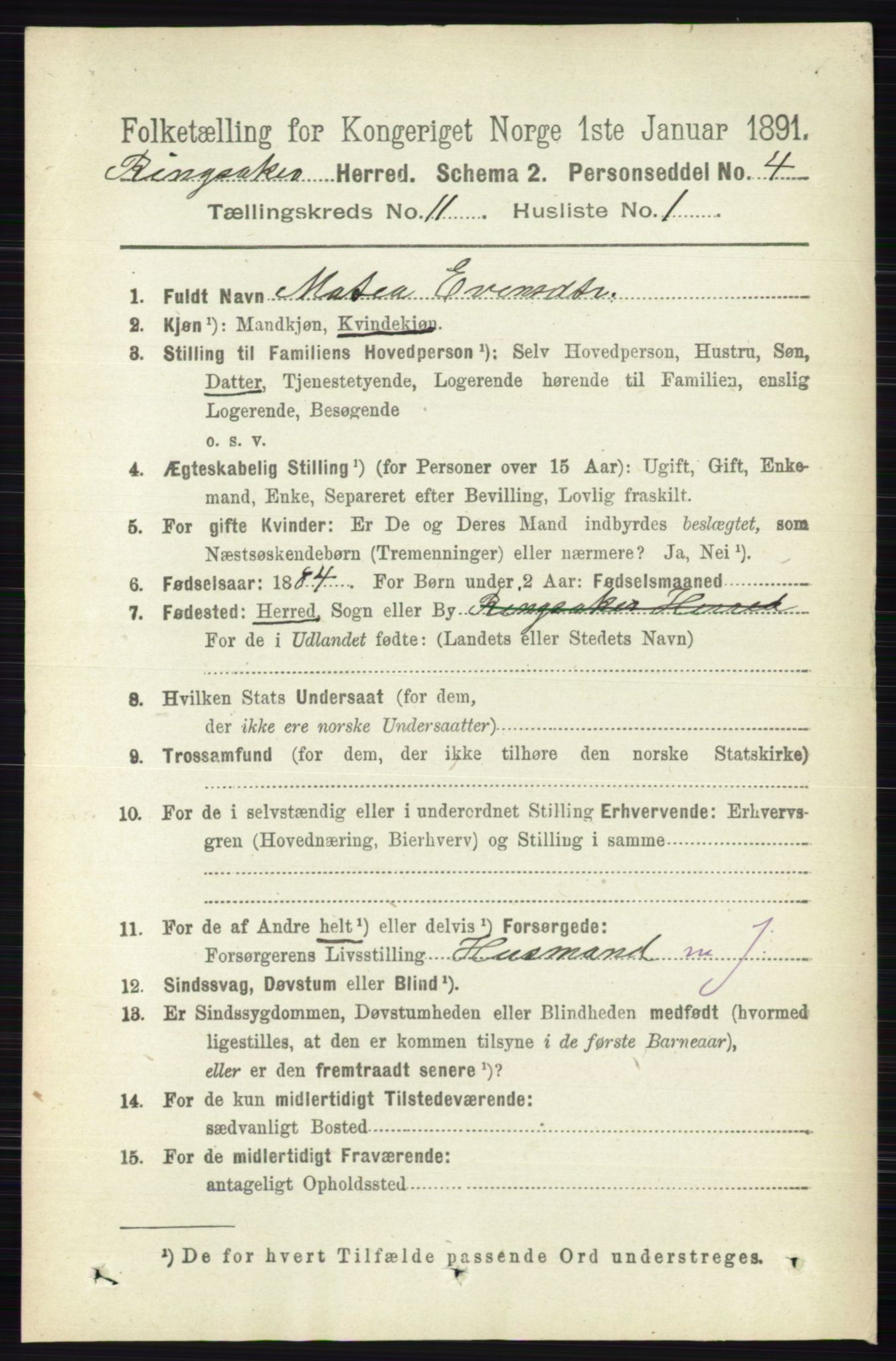 RA, 1891 census for 0412 Ringsaker, 1891, p. 6261