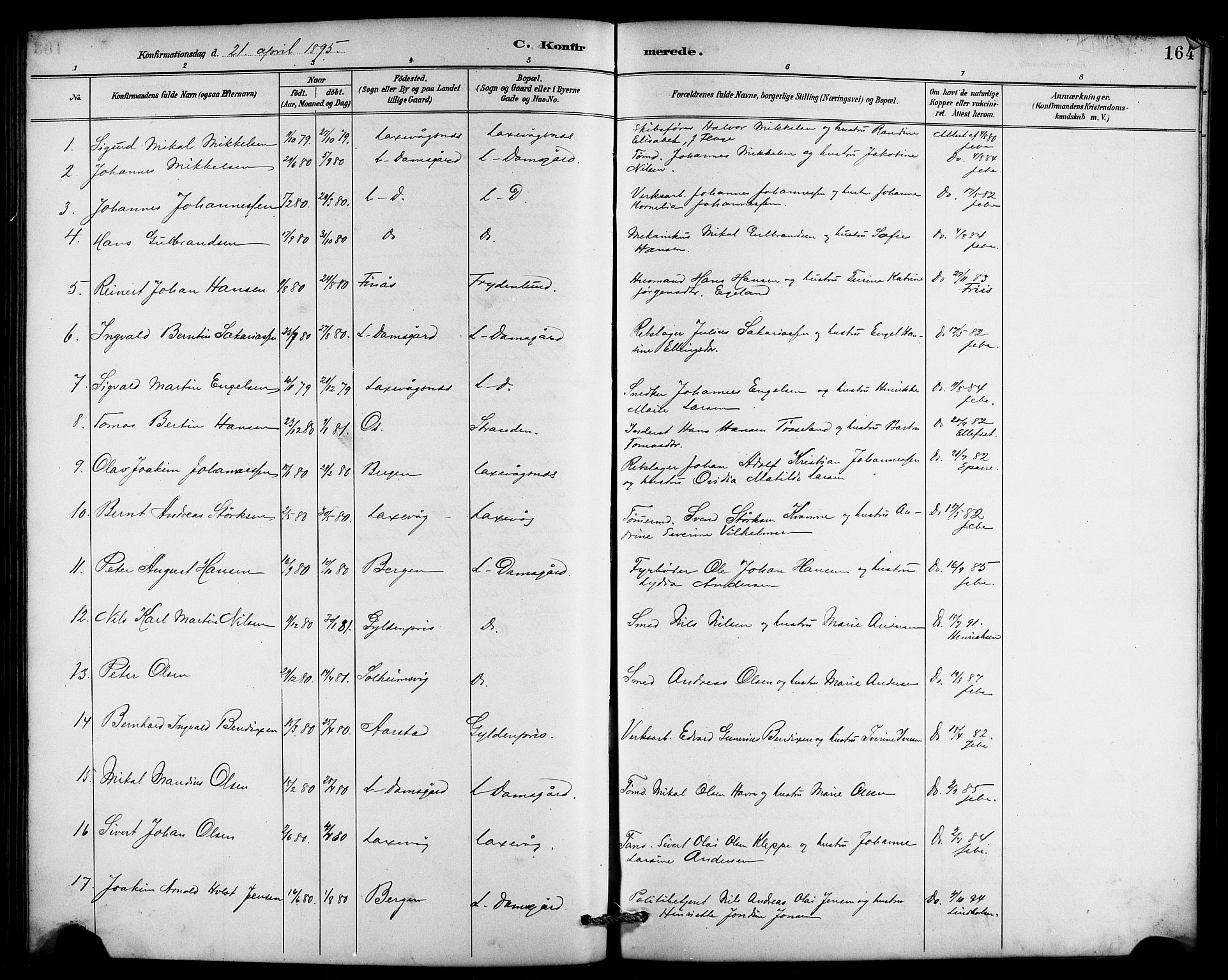 Laksevåg Sokneprestembete, SAB/A-76501/H/Ha/Hab/Haba/L0003: Parish register (copy) no. A 3, 1887-1899, p. 164