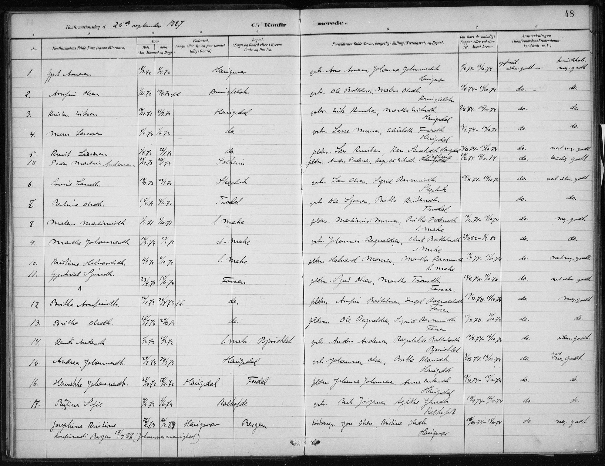 Masfjorden sokneprestembete, AV/SAB-A-77001: Parish register (official) no. C  1, 1882-1896, p. 48