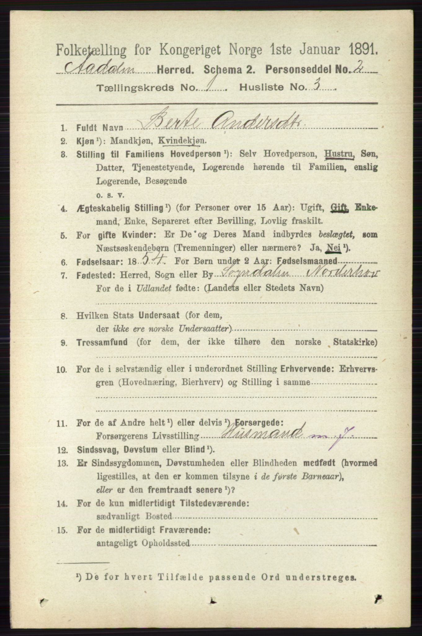 RA, 1891 census for 0614 Ådal, 1891, p. 81