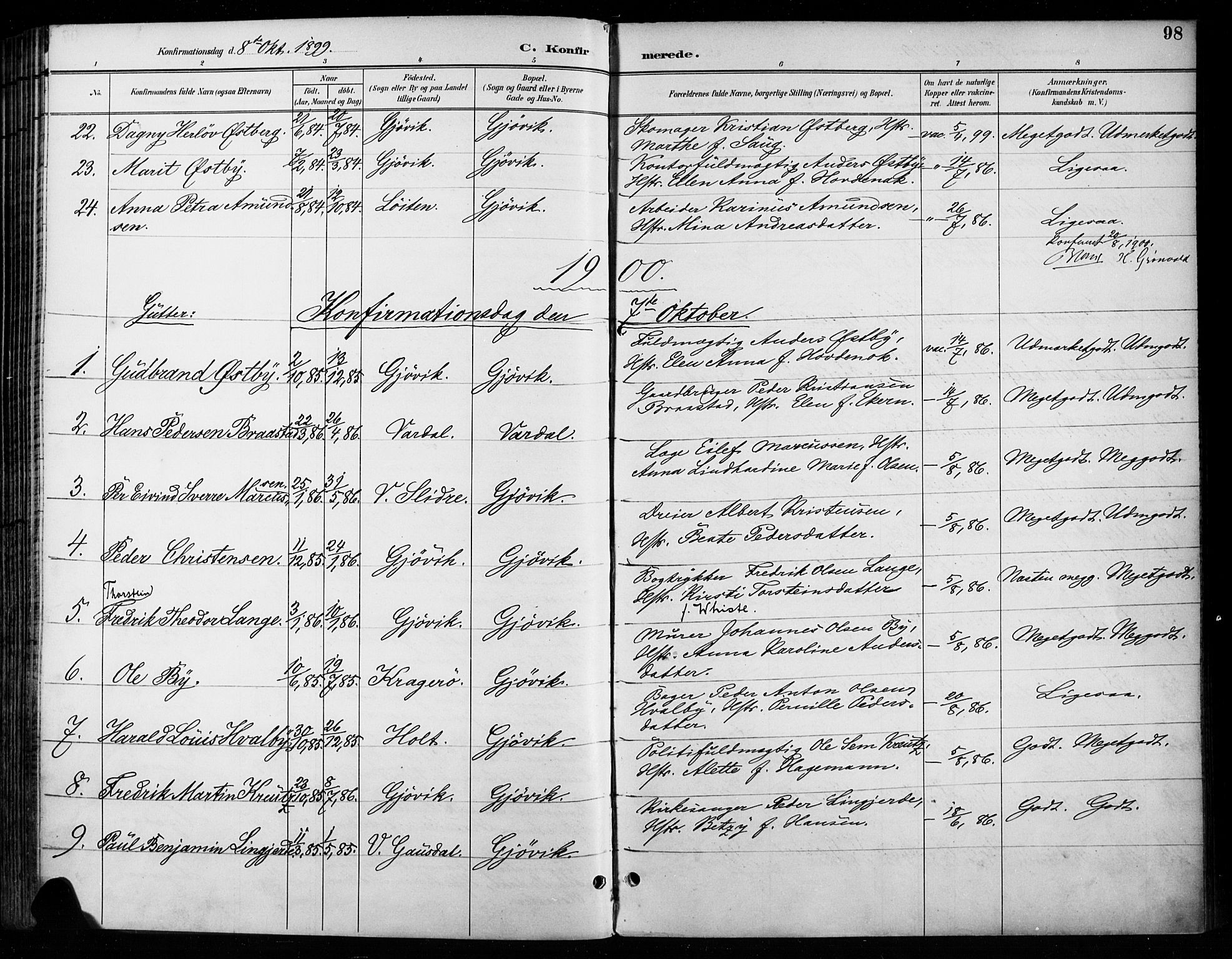 Vardal prestekontor, SAH/PREST-100/H/Ha/Haa/L0011: Parish register (official) no. 11, 1891-1901, p. 98