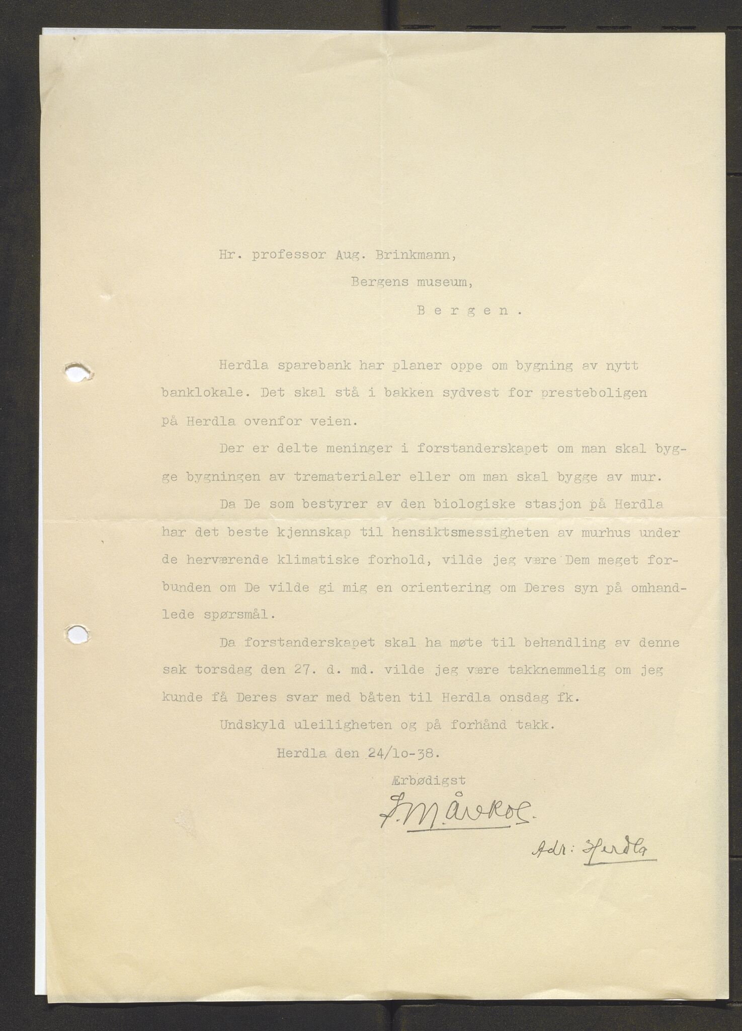 Bergens Museum, AV/SAB-A-17301/13/D/L0002: Korrespondanse , 1928-1940, p. 316