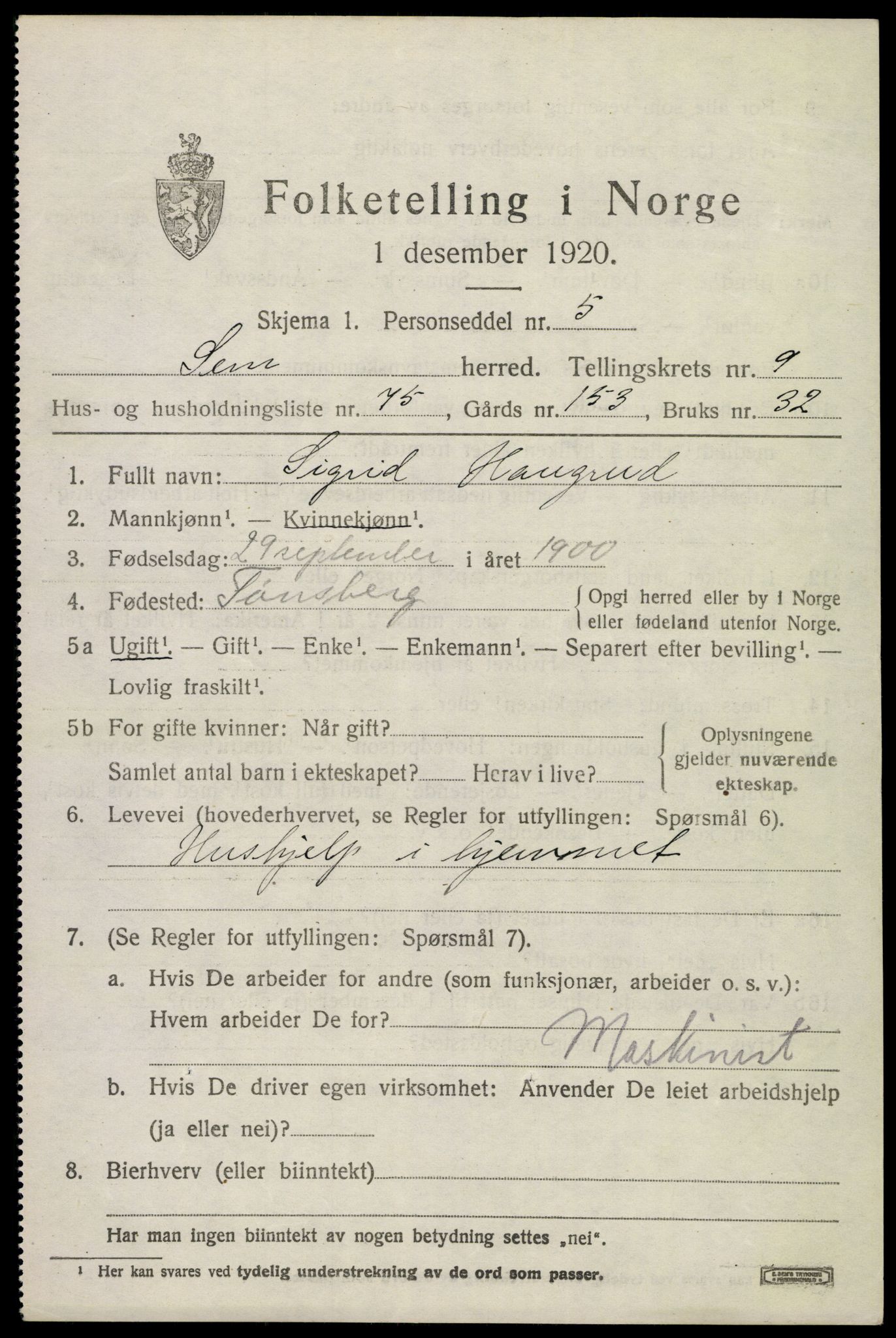 SAKO, 1920 census for Sem, 1920, p. 13409