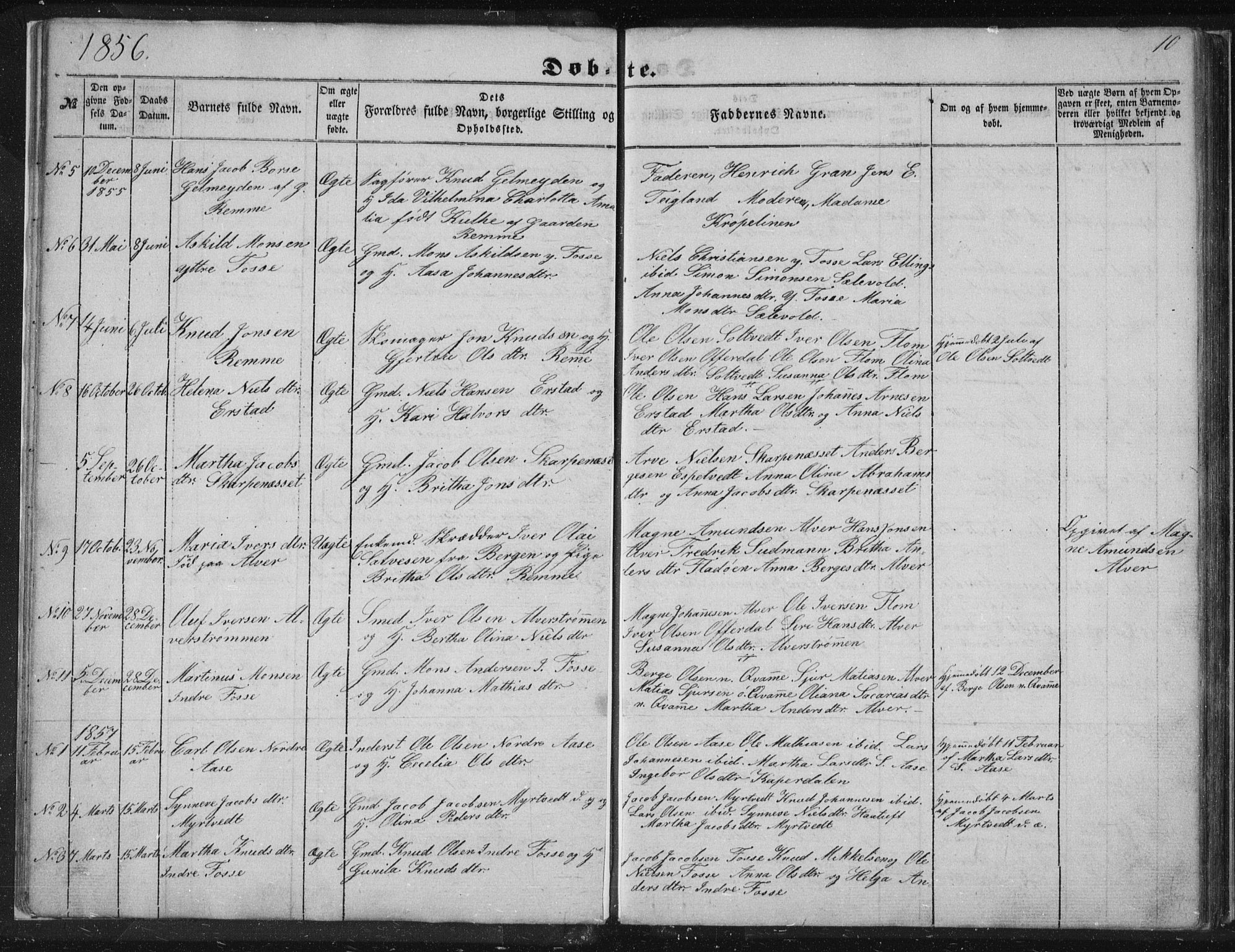 Alversund Sokneprestembete, SAB/A-73901/H/Ha/Hab: Parish register (copy) no. A 1, 1852-1864, p. 10