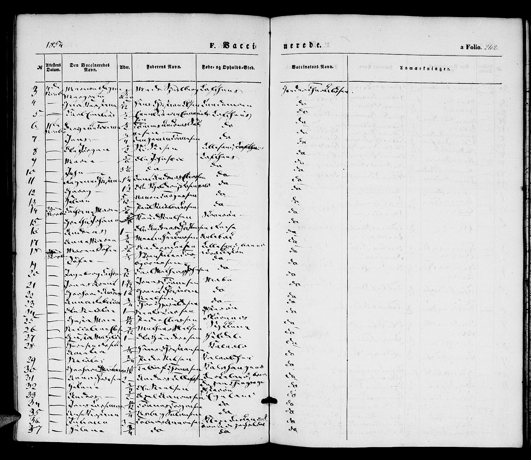 Vestre Moland sokneprestkontor, AV/SAK-1111-0046/F/Fa/Fab/L0006: Parish register (official) no. A 6, 1850-1858, p. 262