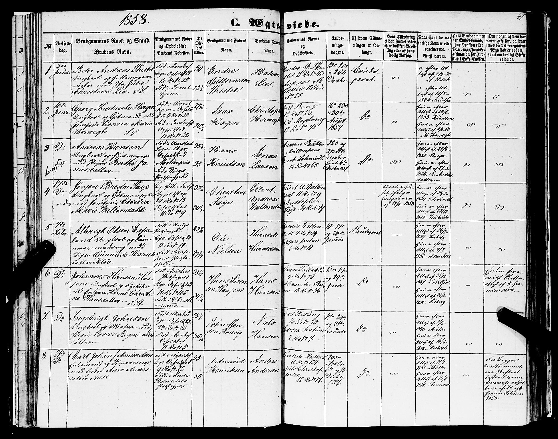 Domkirken sokneprestembete, AV/SAB-A-74801/H/Haa/L0034: Parish register (official) no. D 2, 1853-1874, p. 47