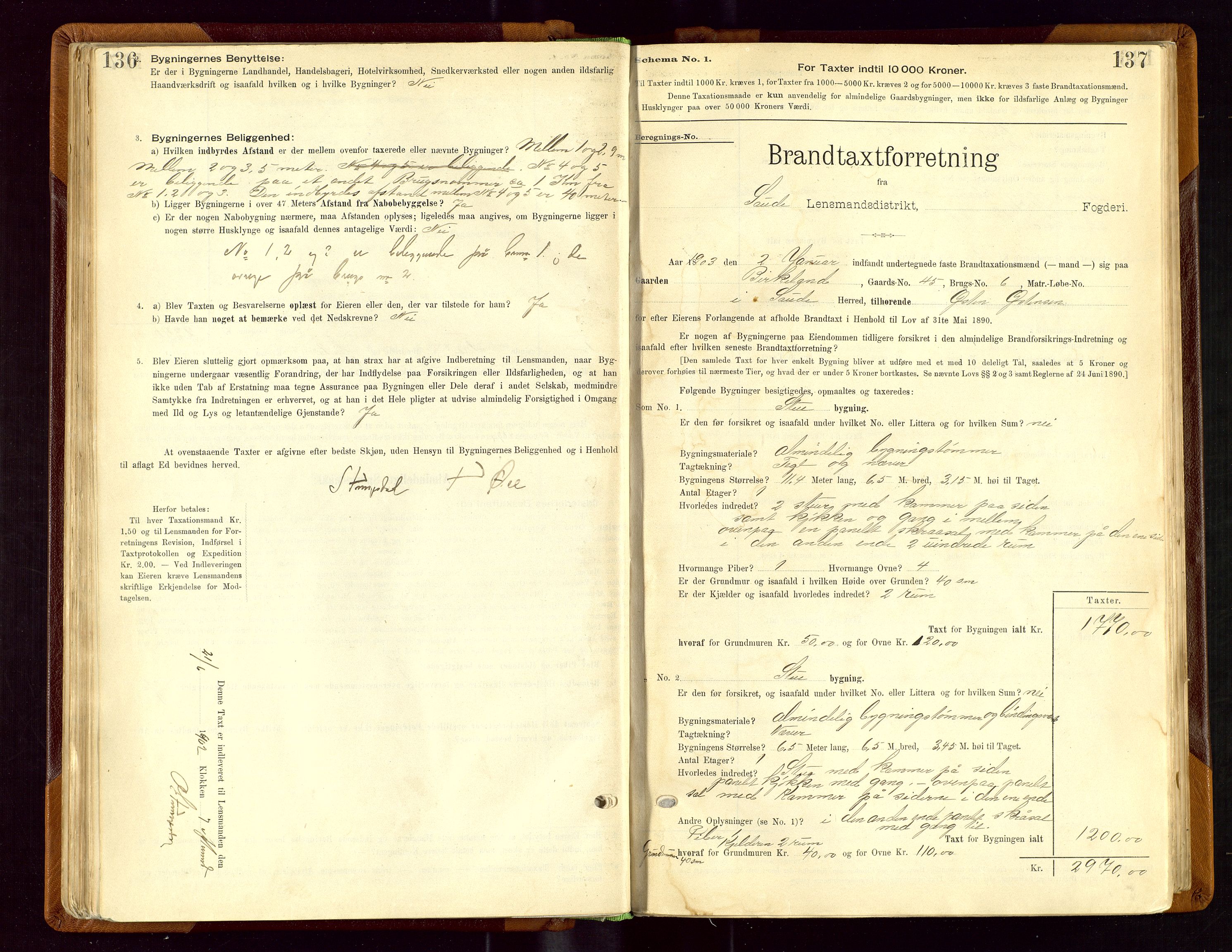 Sauda lensmannskontor, SAST/A-100177/Gob/L0001: Branntakstprotokoll - skjematakst, 1894-1914, p. 136-137