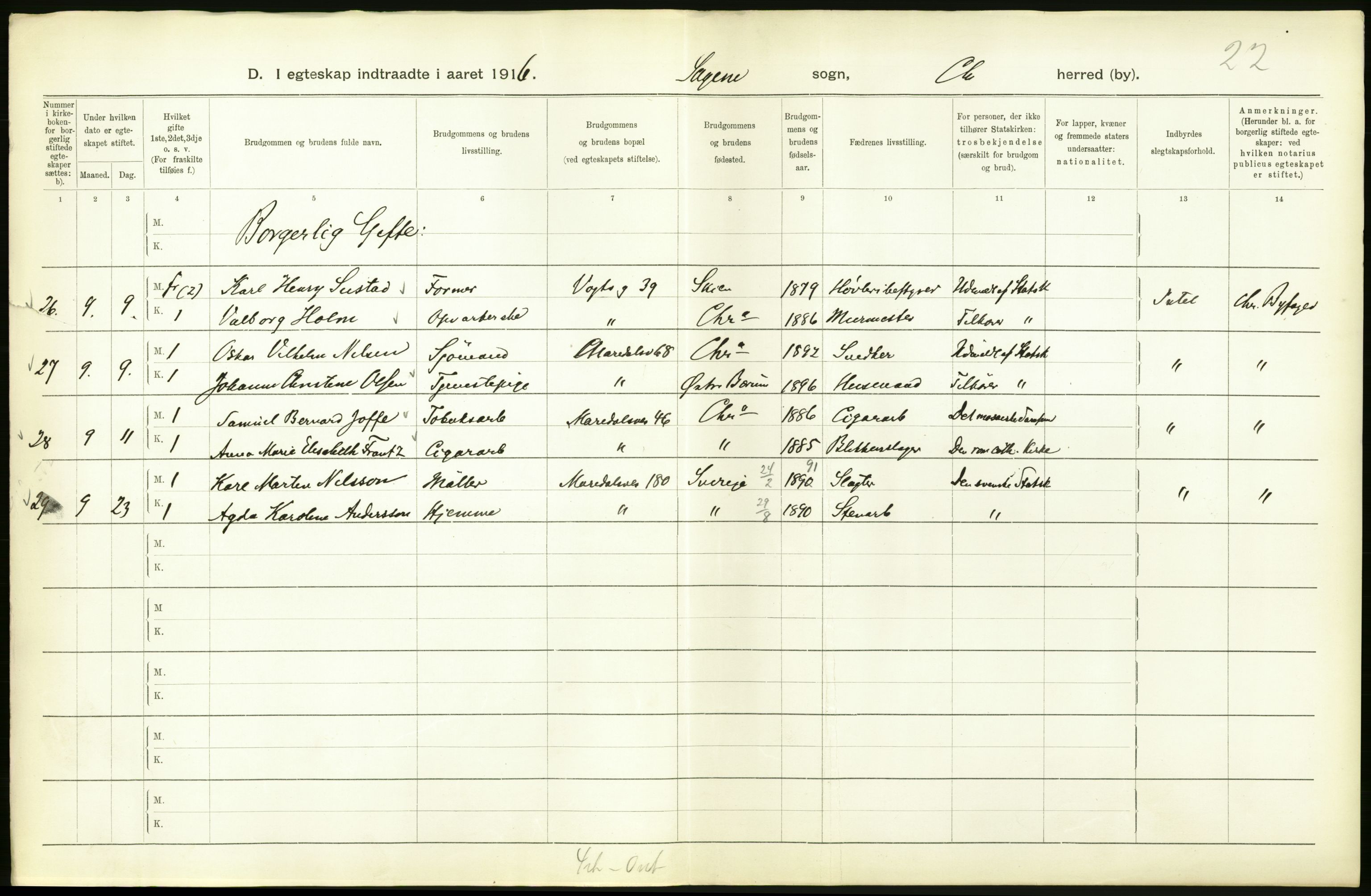 Statistisk sentralbyrå, Sosiodemografiske emner, Befolkning, RA/S-2228/D/Df/Dfb/Dfbf/L0008: Kristiania: Gifte, 1916, p. 126