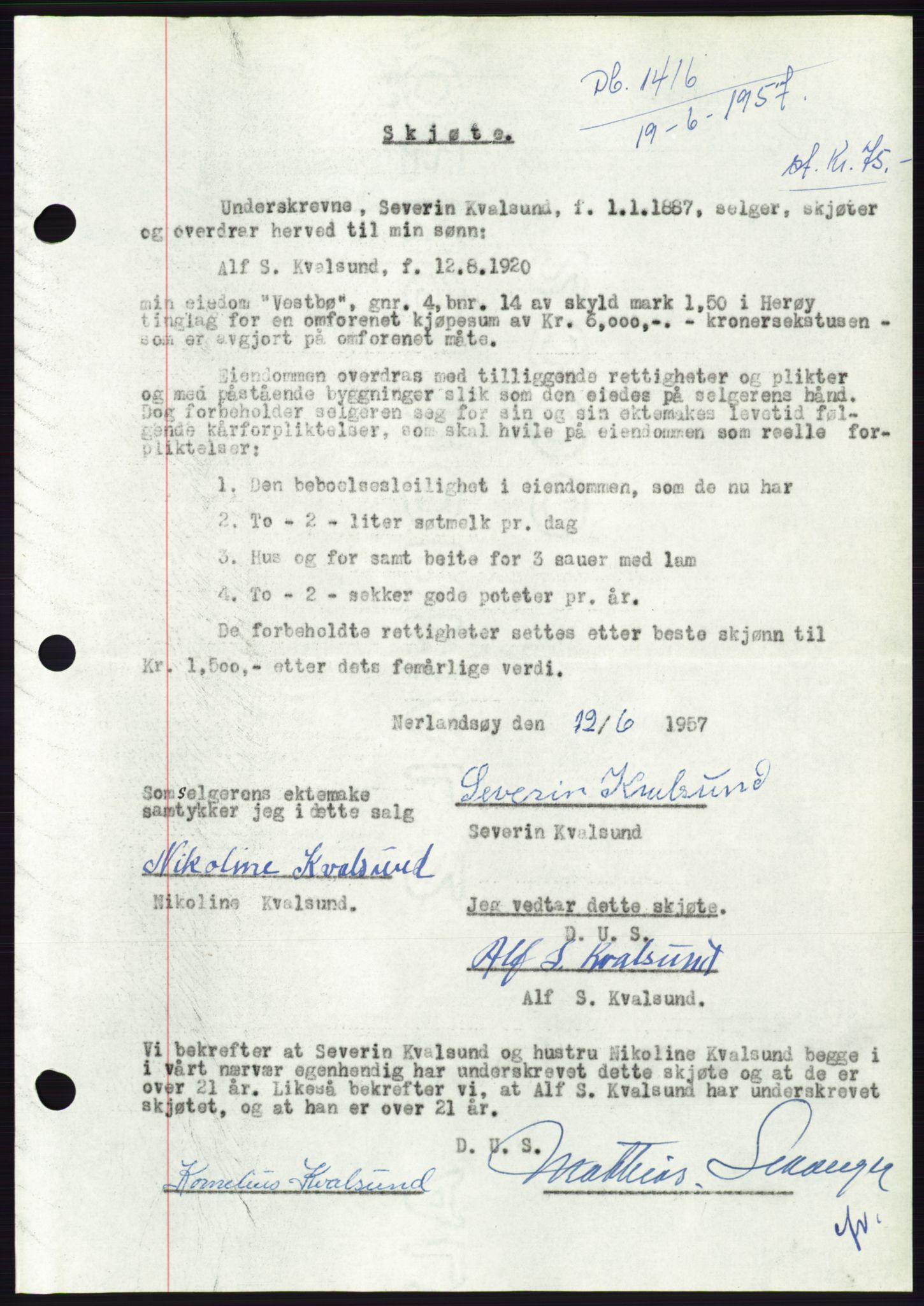 Søre Sunnmøre sorenskriveri, AV/SAT-A-4122/1/2/2C/L0130: Mortgage book no. 18B, 1957-1958, Diary no: : 1416/1957